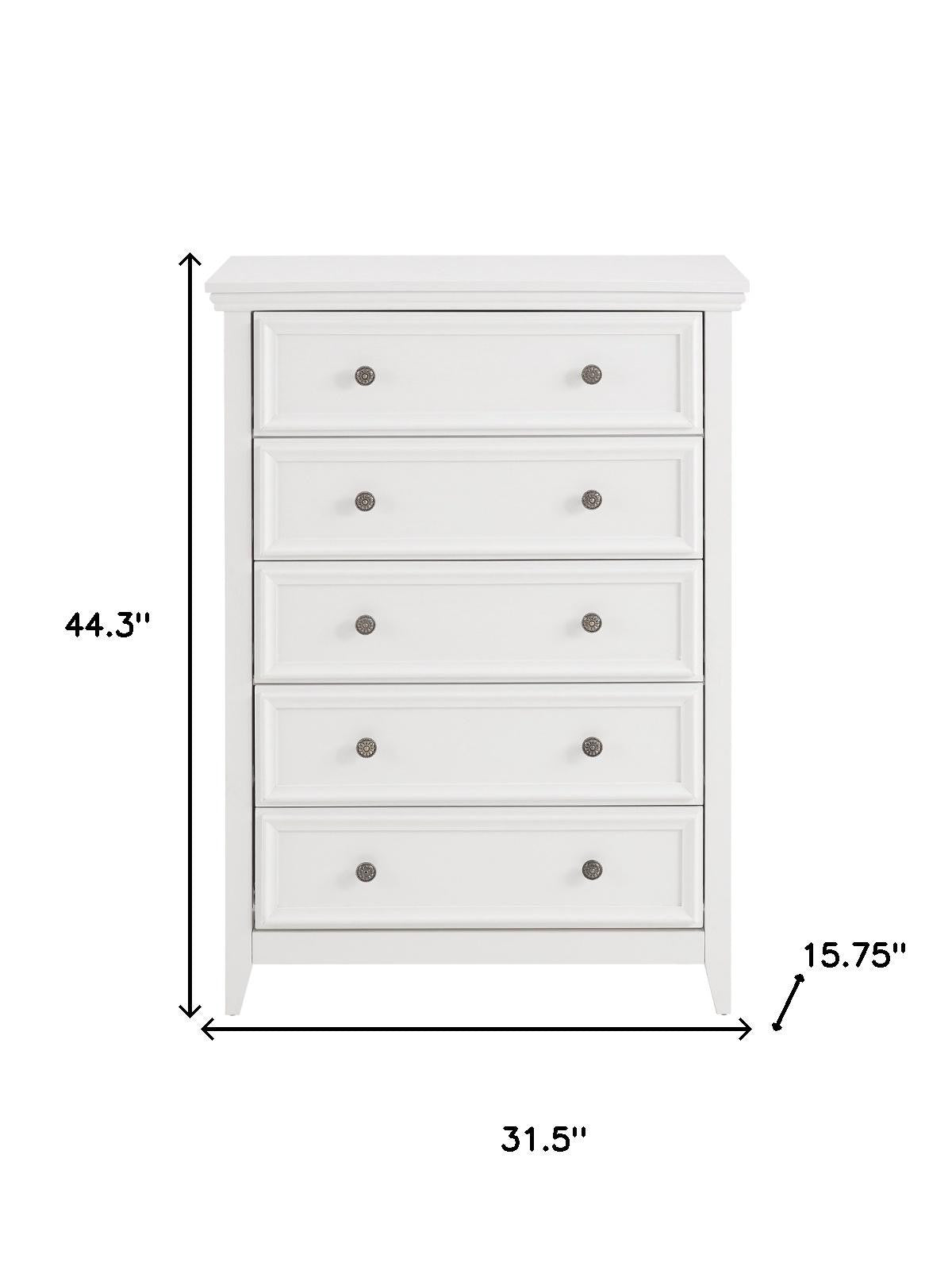 32" White Wood Five Drawer Dresser