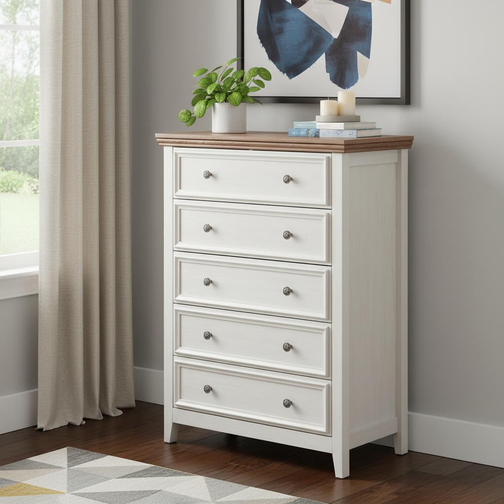 32" Beige And Brown Wood Five Drawer Dresser