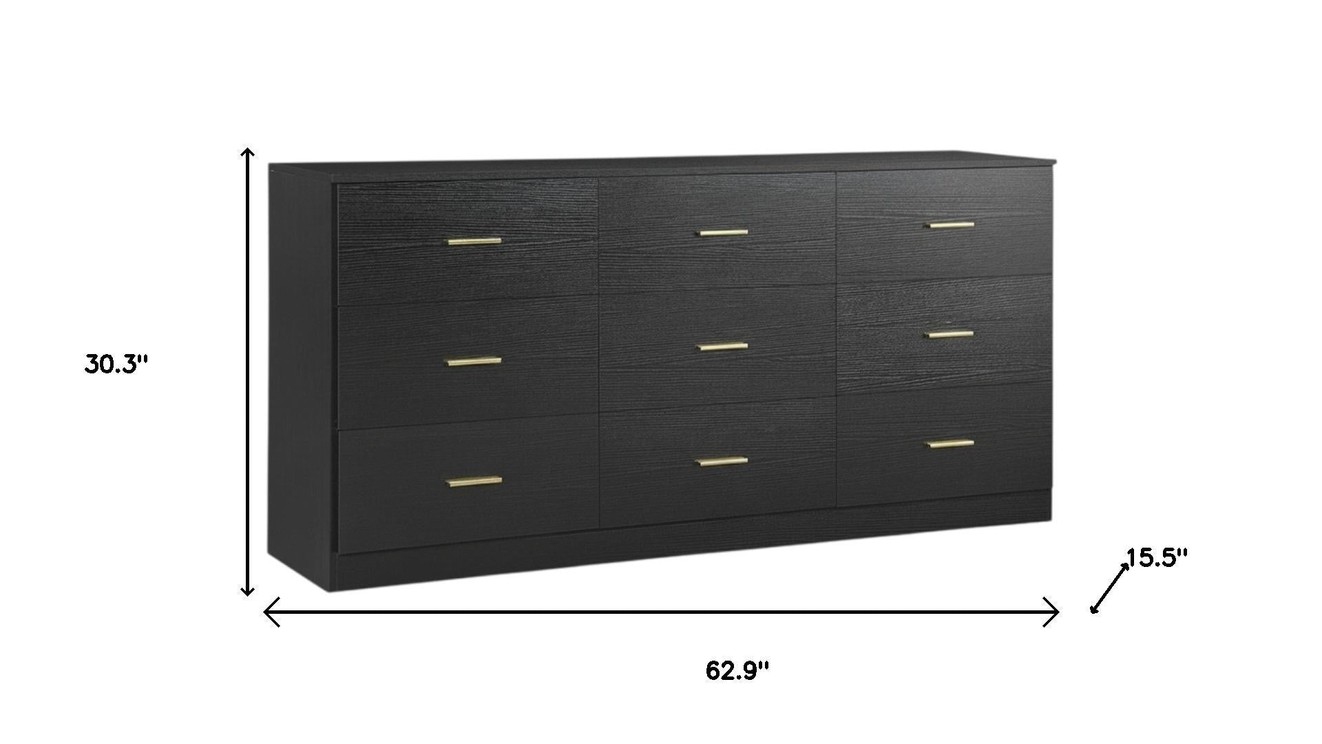 63" Black Wood Nine Drawer Triple Dresser
