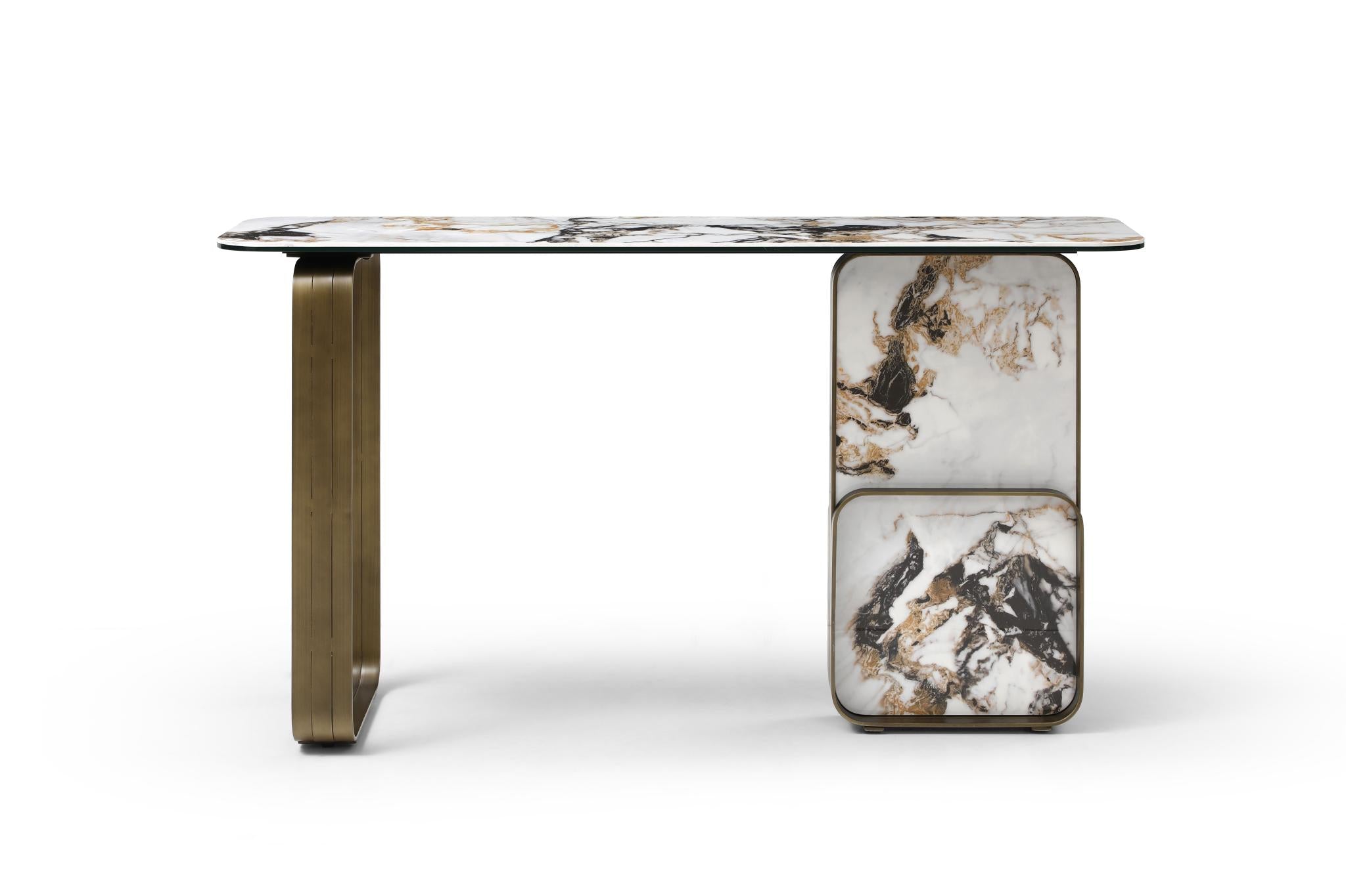 55" Black White and Bronze Ceramic Tile Glass and Steel Console Table
