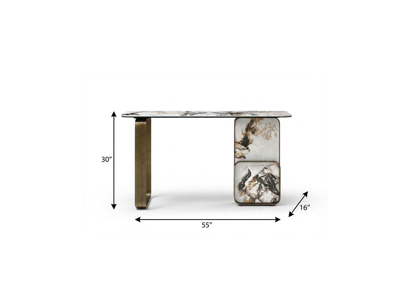 55" Black White and Bronze Ceramic Tile Glass and Steel Console Table