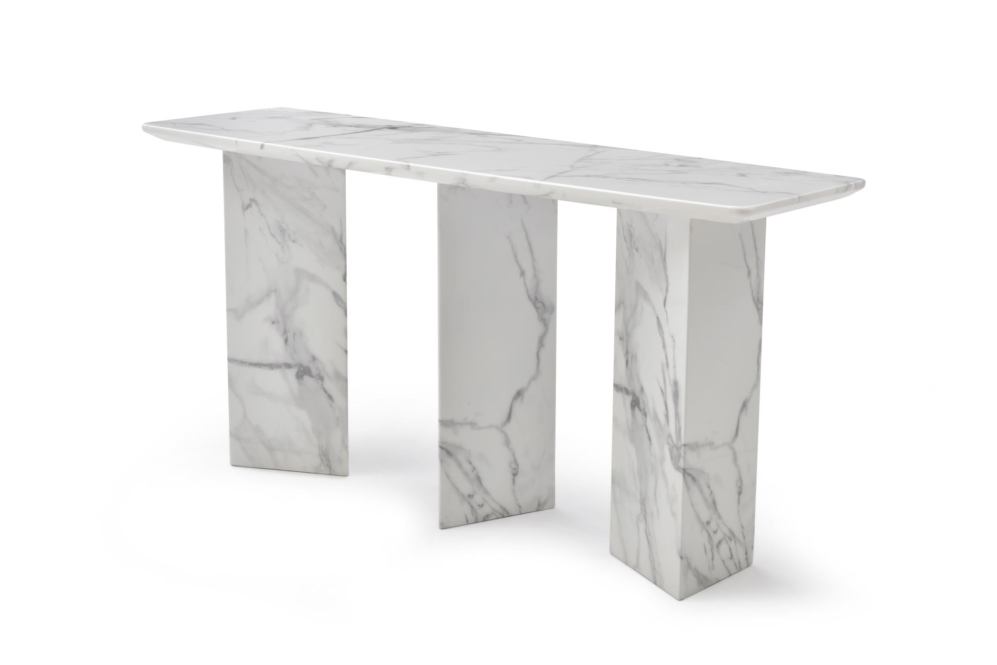 60" Gray and White Genuine Marble Three Leg Console Table