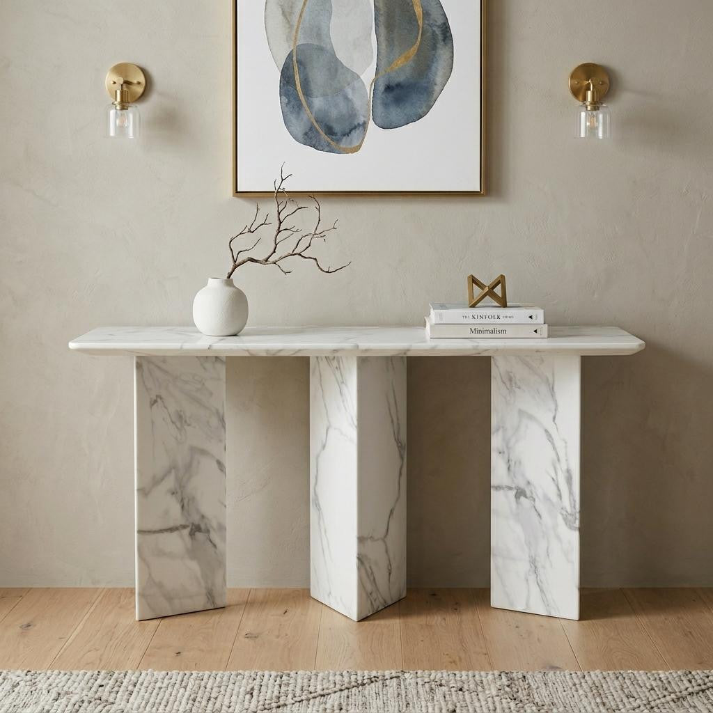 60" Gray and White Genuine Marble Three Leg Console Table
