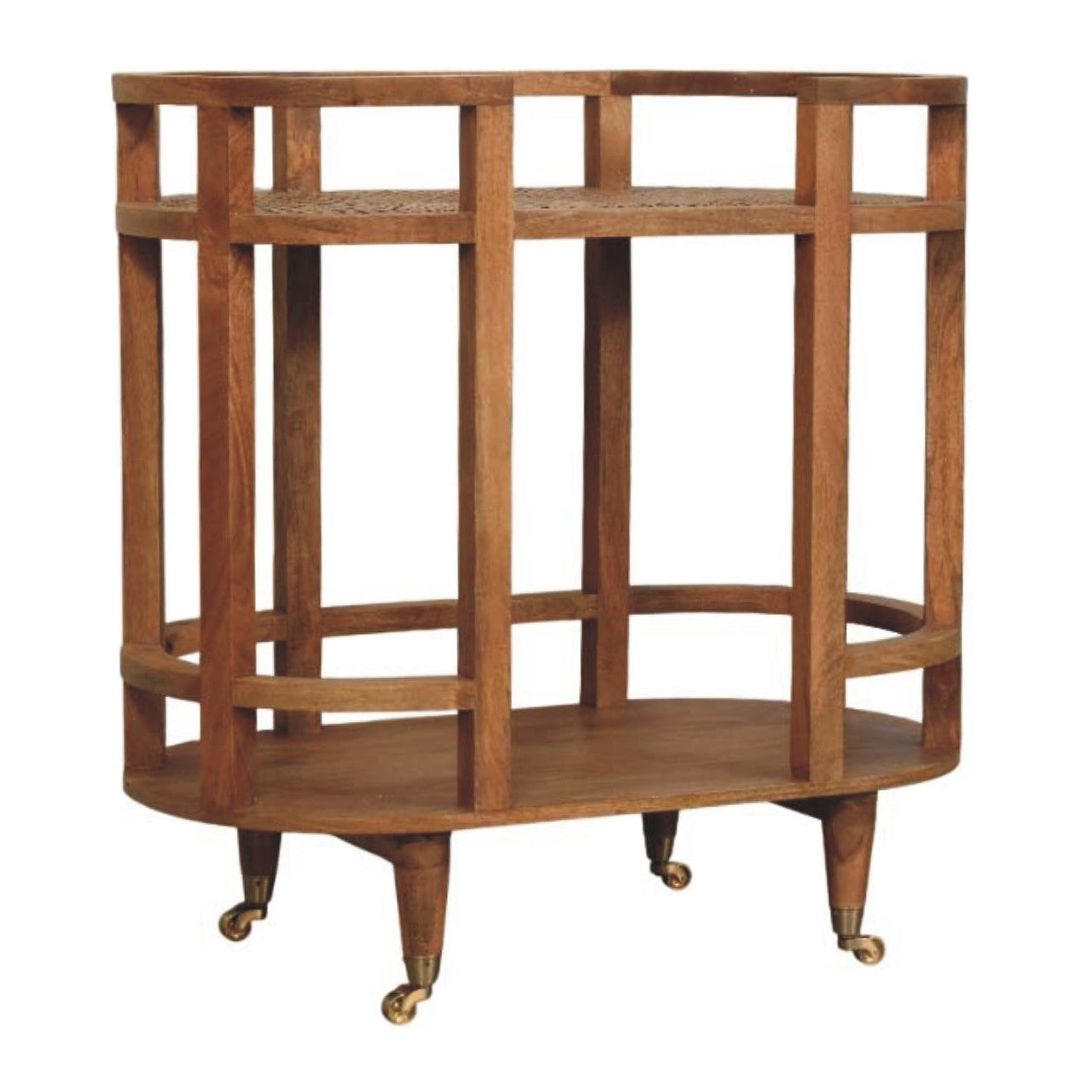 35" Golden Brown Rattan and Solid Wood Oval Wheel Console Table With Shelf