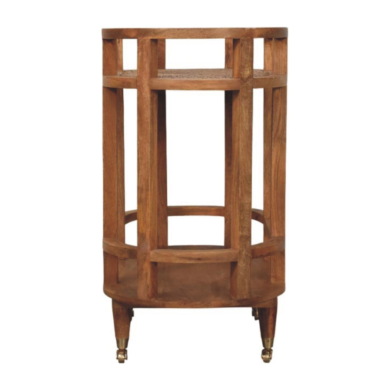 35" Golden Brown Rattan and Solid Wood Oval Wheel Console Table With Shelf