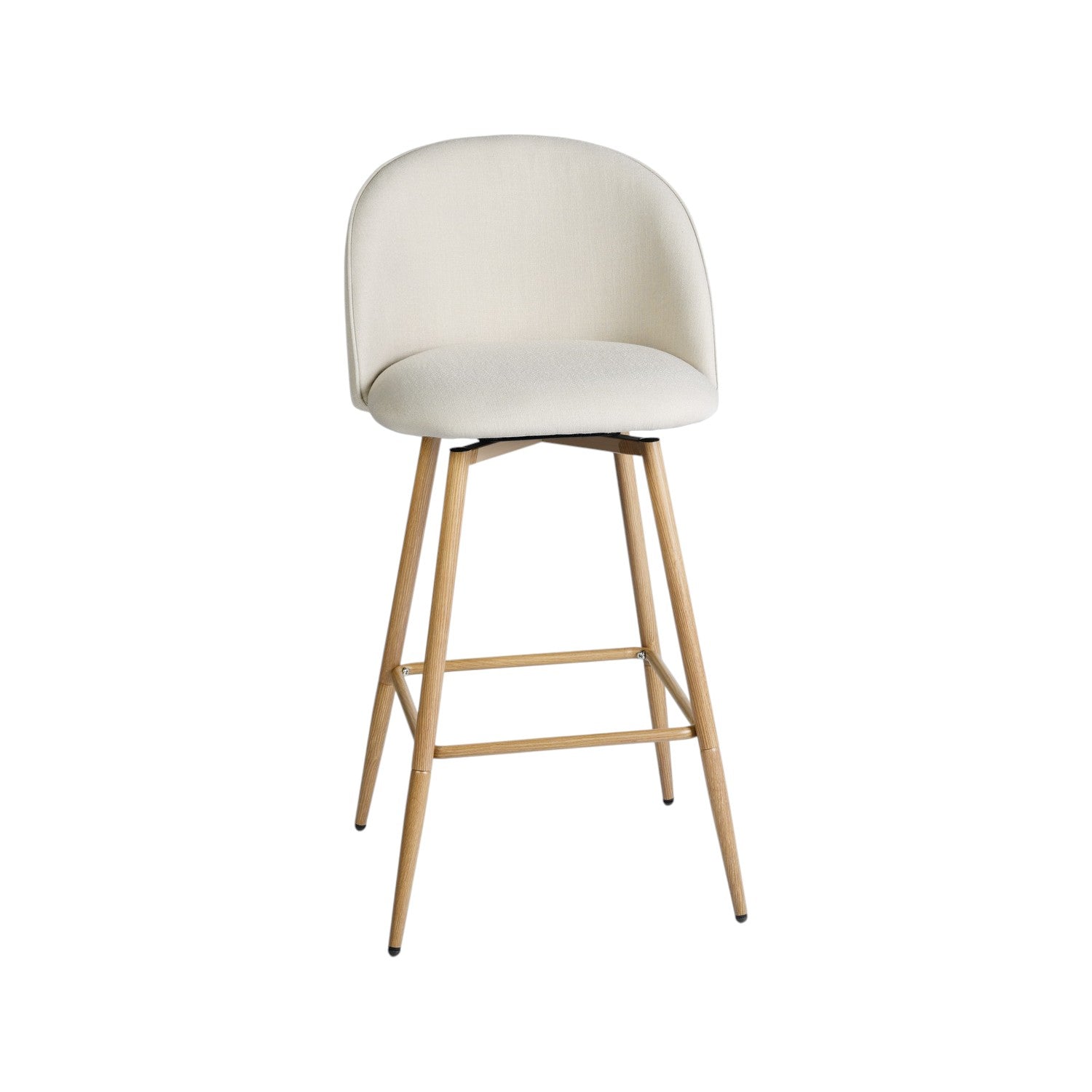 Set of Two 27" Beige and Oak Fabric and Metal Counter Height Swivel Bar Chairs