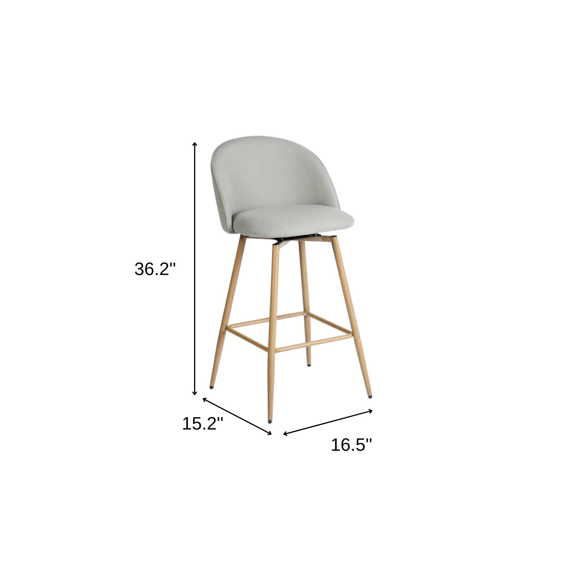 Set of Two 27" Gray and Oak Fabric and Metal Low Back Counter Height Swivel Bar Chairs