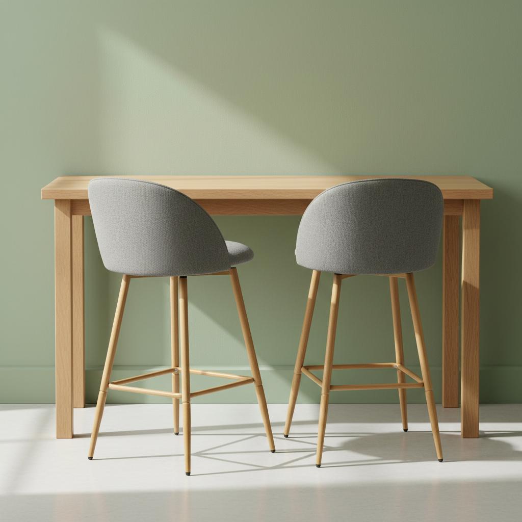 Set of Two 27" Gray and Oak Fabric and Metal Low Back Counter Height Swivel Bar Chairs