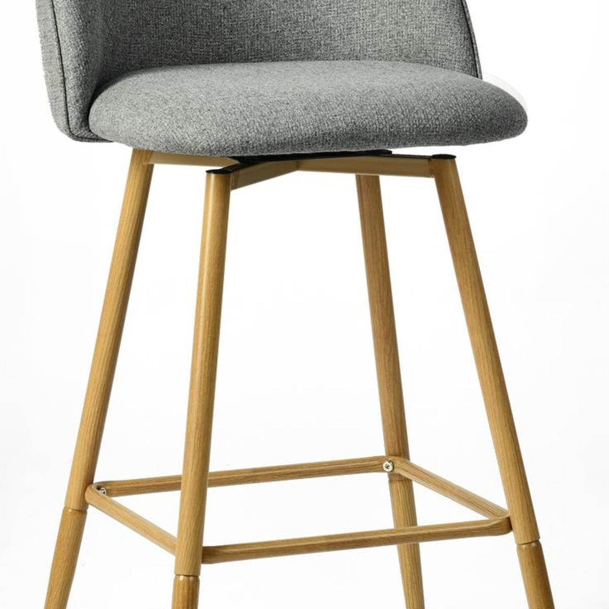 Set of Two 27" Gray and Oak Fabric and Metal Low Back Counter Height Swivel Bar Chairs