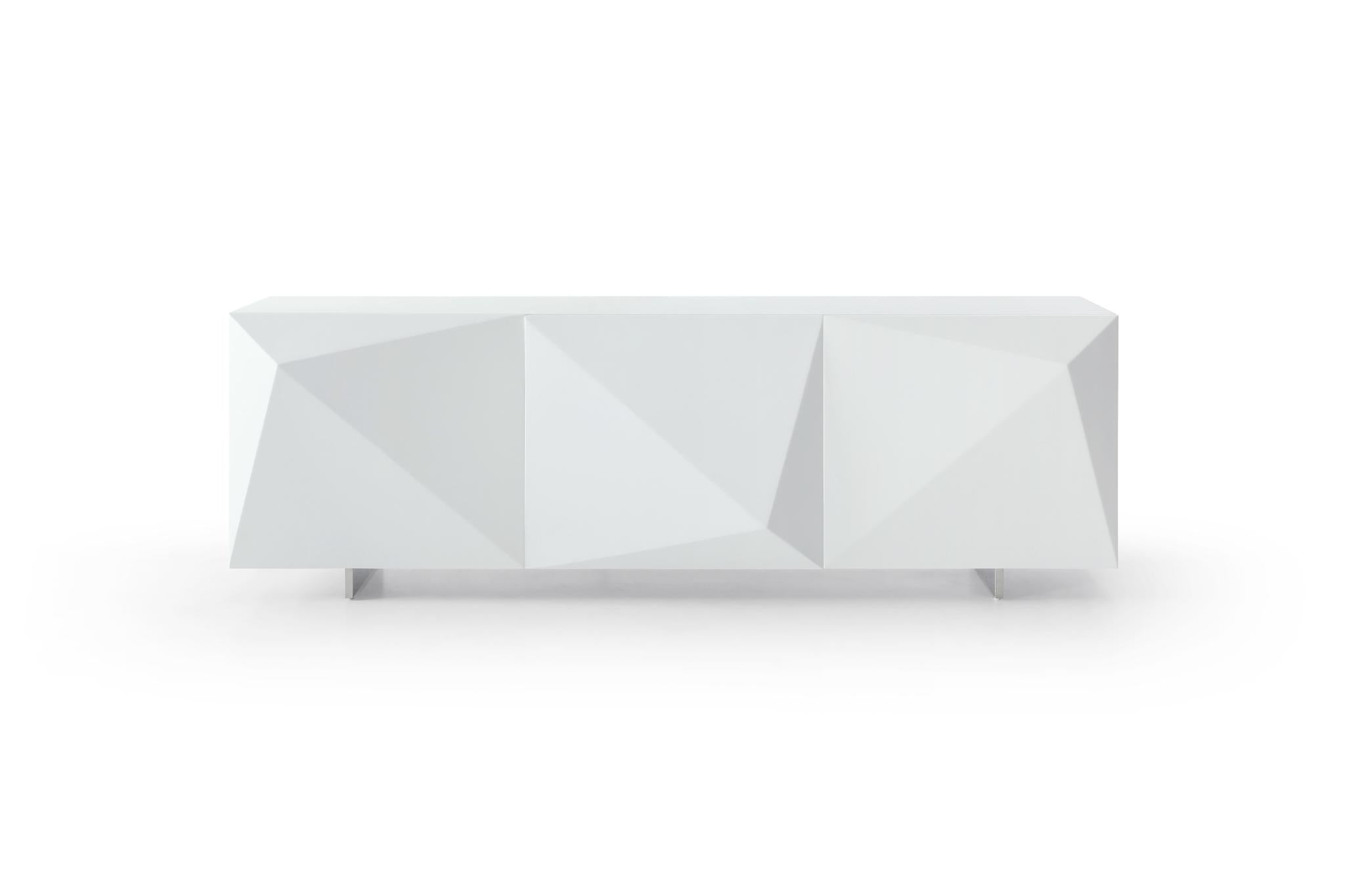 87" White Wood Carved Geometric Sideboard With Three Doors