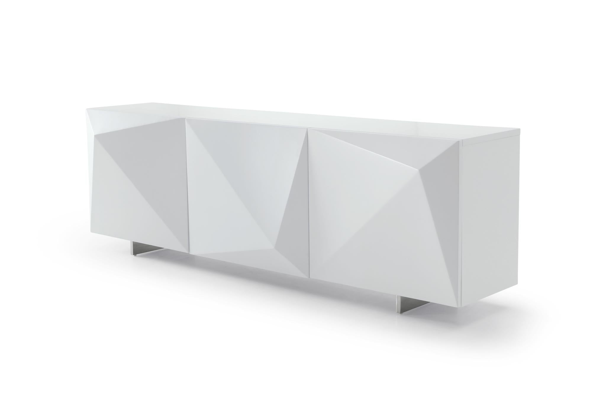 87" White Wood Carved Geometric Sideboard With Three Doors