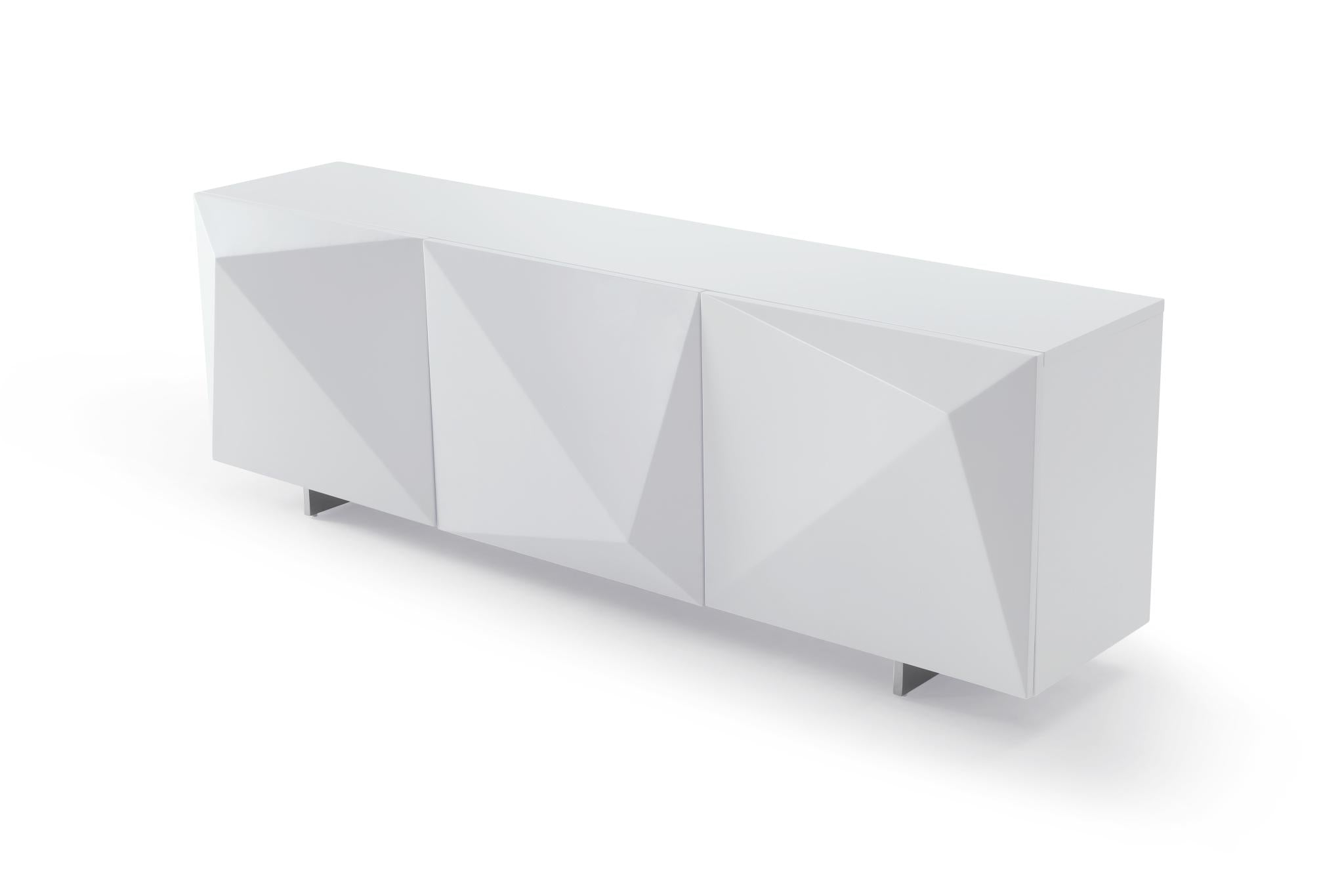 87" White Wood Carved Geometric Sideboard With Three Doors