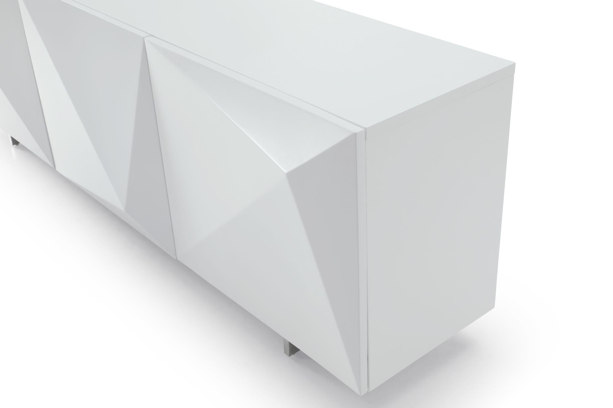 87" White Wood Carved Geometric Sideboard With Three Doors