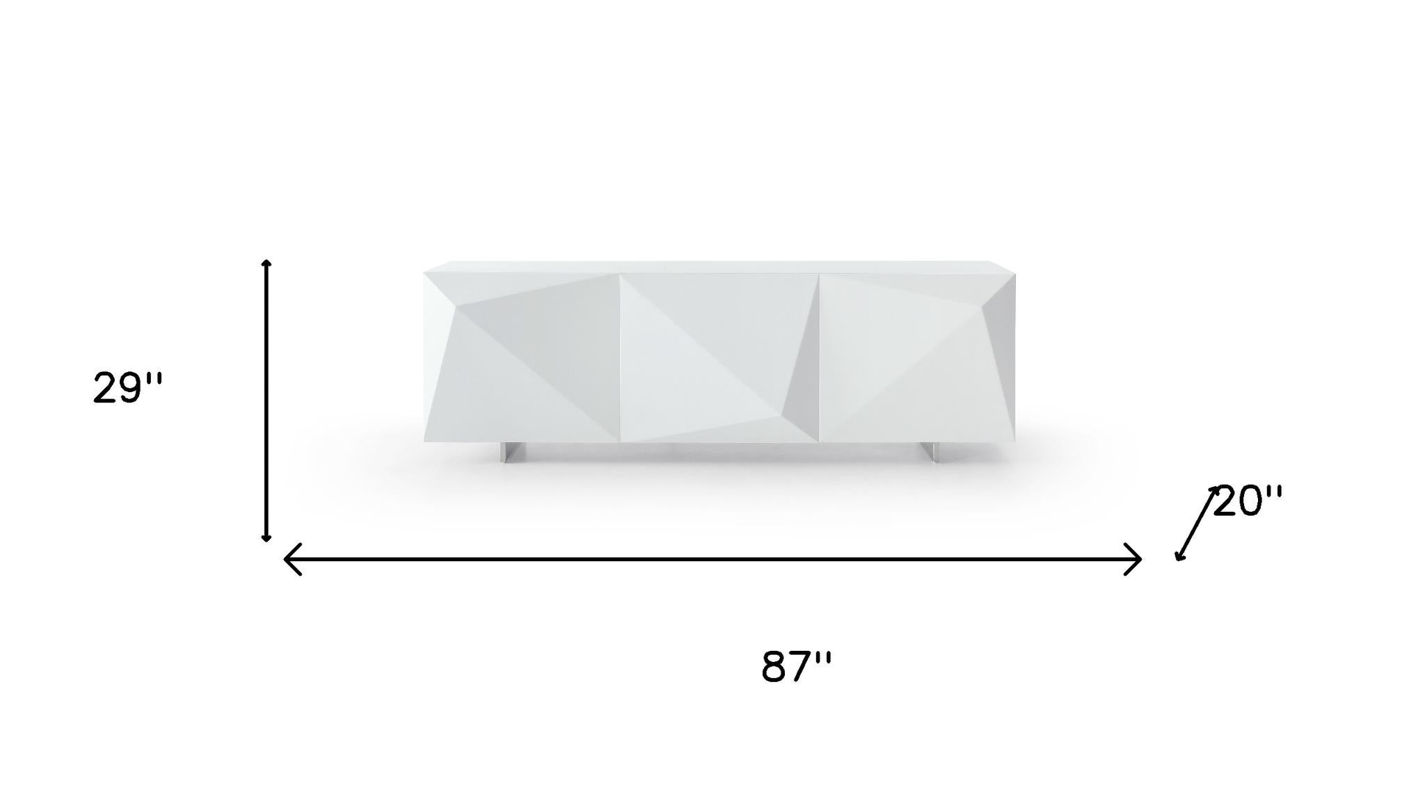 87" White Wood Carved Geometric Sideboard With Three Doors