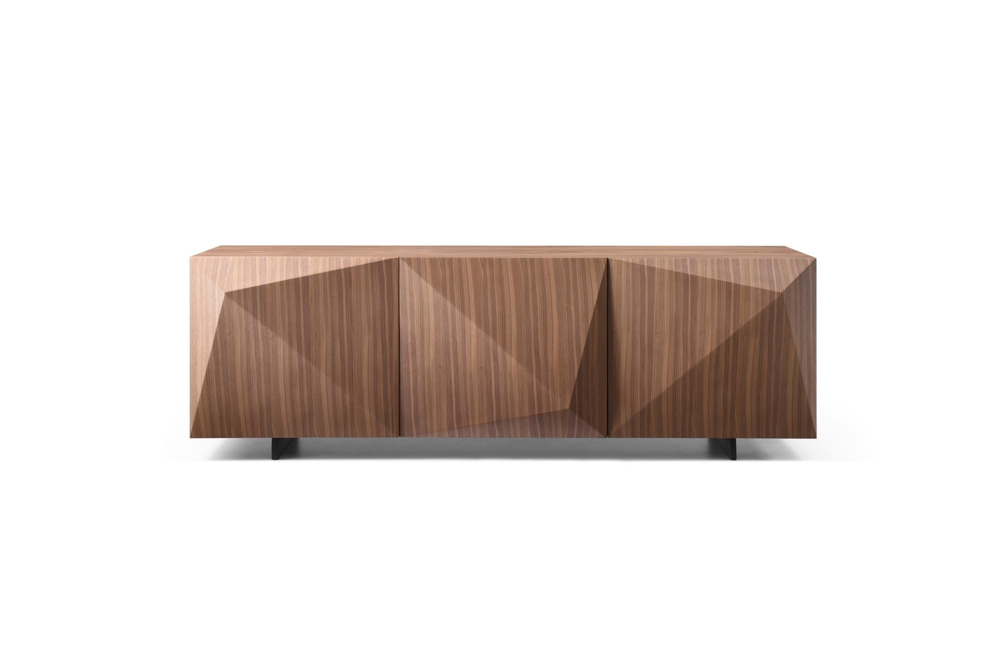 87" Walnut Wood Carved Geometric Buffet Table With Three Doors