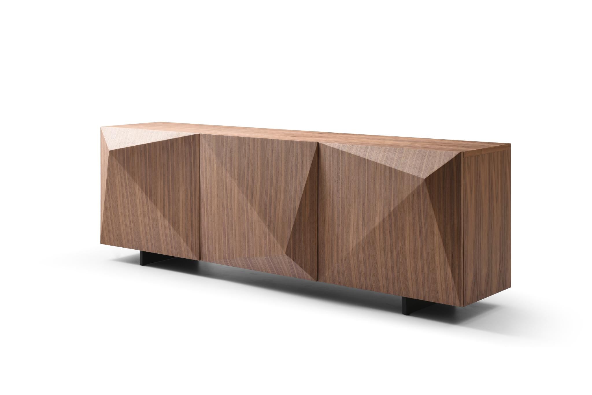 87" Walnut Wood Carved Geometric Buffet Table With Three Doors