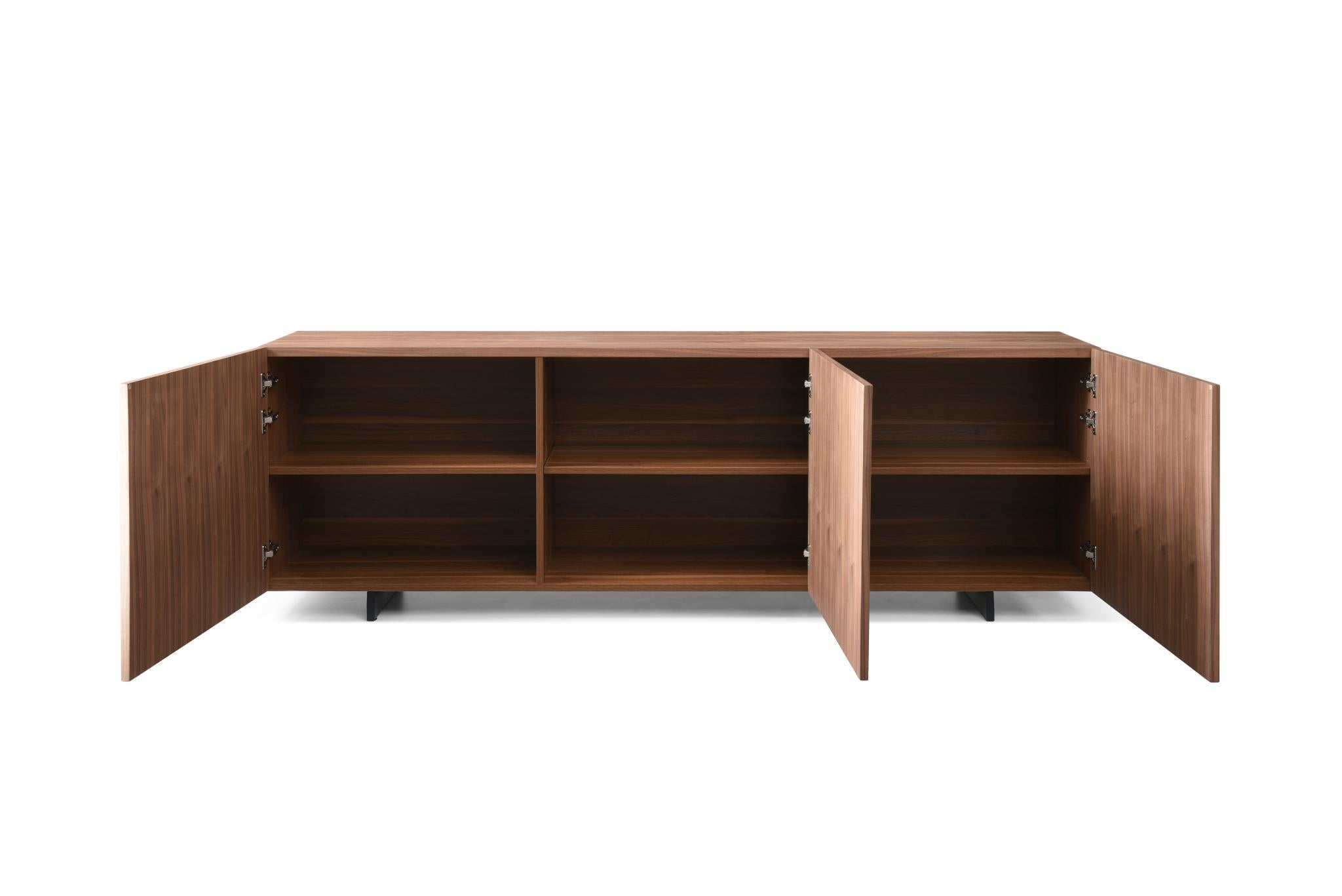 87" Walnut Wood Carved Geometric Buffet Table With Three Doors