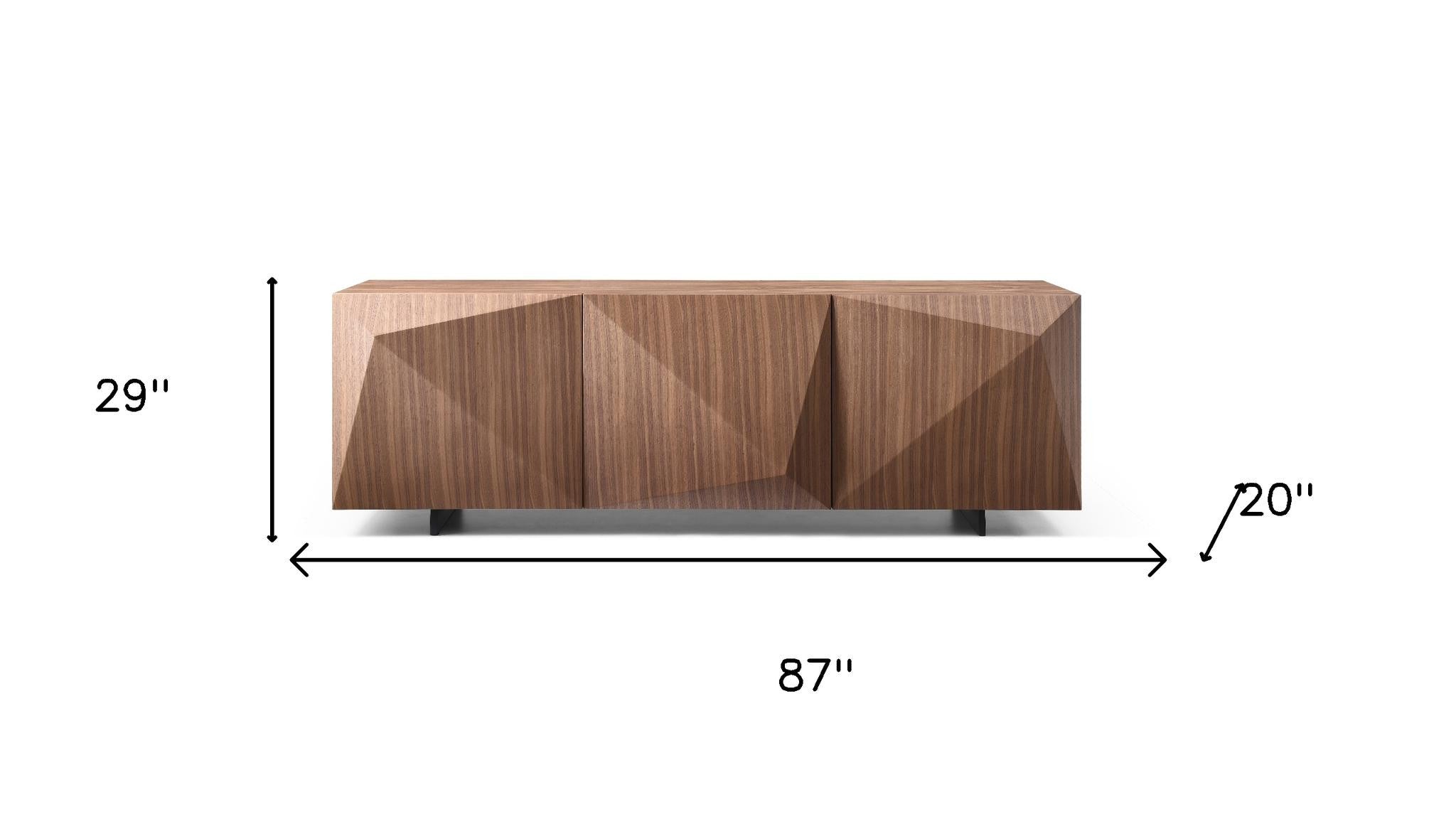 87" Walnut Wood Carved Geometric Buffet Table With Three Doors
