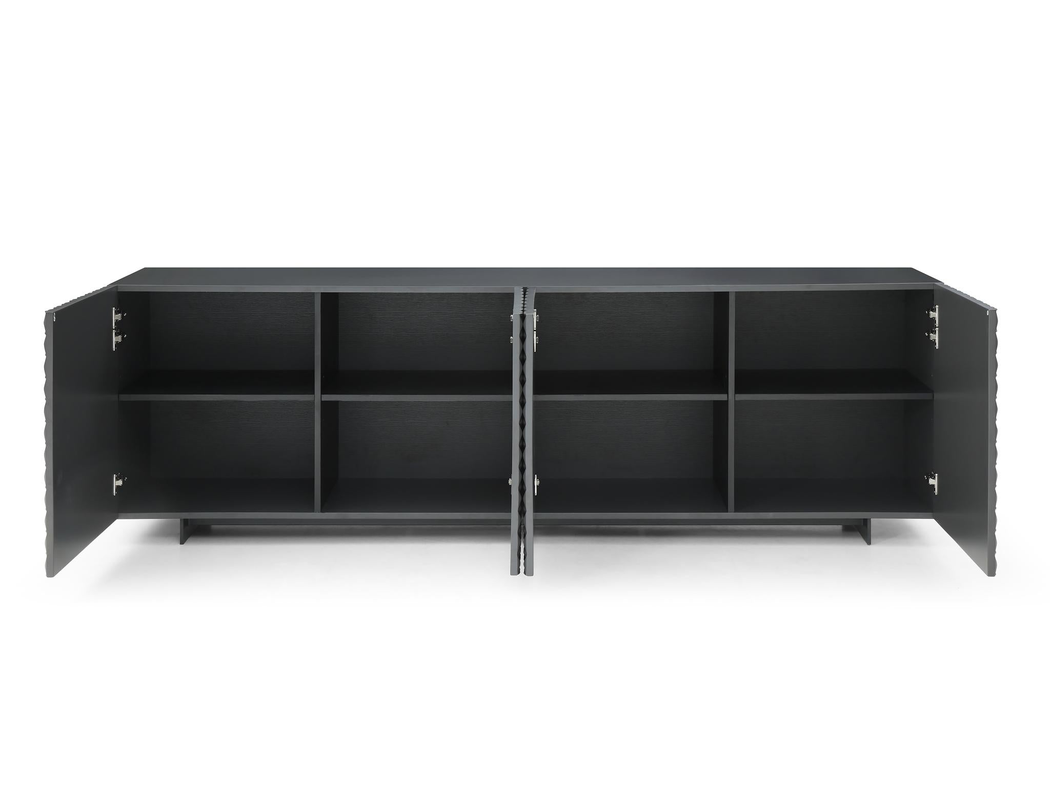 94" Dark Gray Wood Carved Geometric Sideboard With Four Doors
