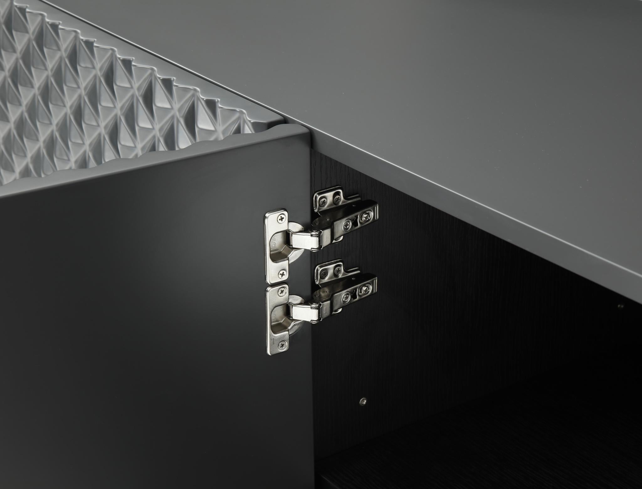 94" Dark Gray Wood Carved Geometric Sideboard With Four Doors