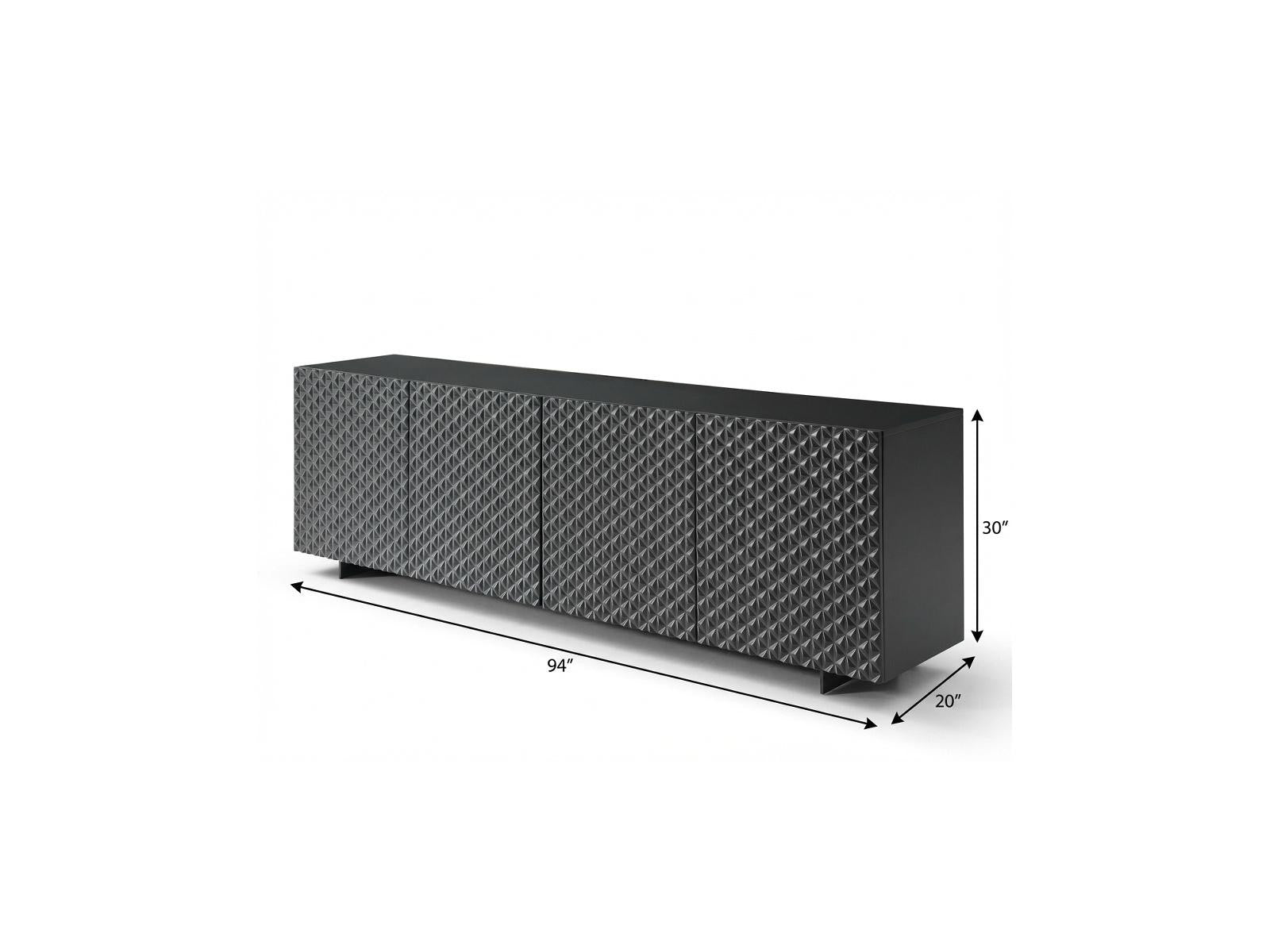 94" Dark Gray Wood Carved Geometric Sideboard With Four Doors