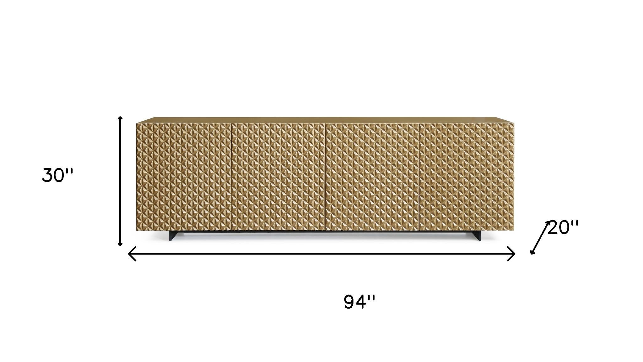 94" Gold Wood Carved Geometric Sideboard With Four Doors
