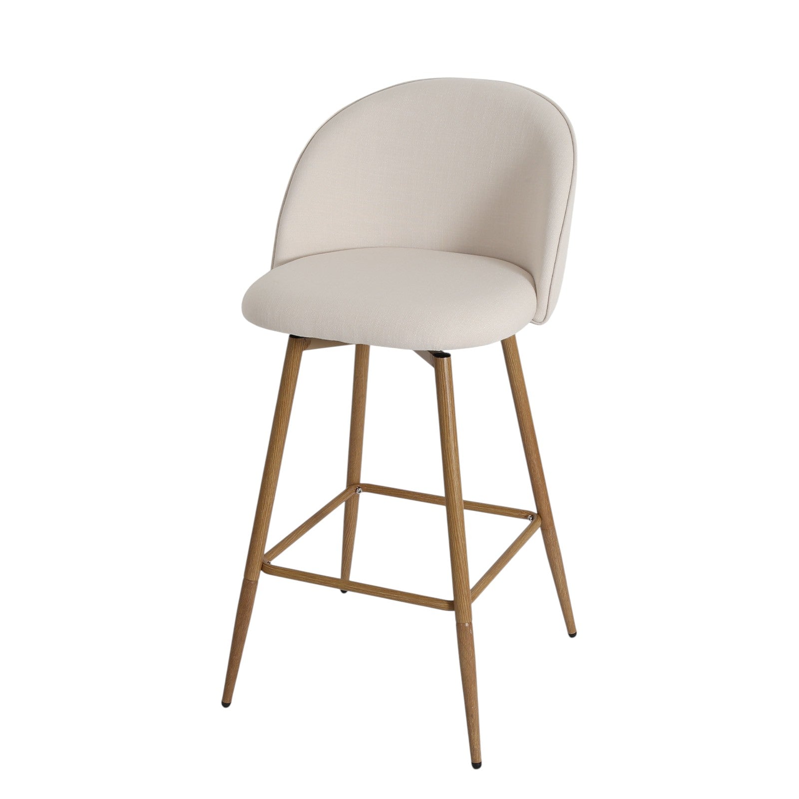 27" Beige and Oak Fabric and Metal Low Back Counter Height Swivel Bar Chair