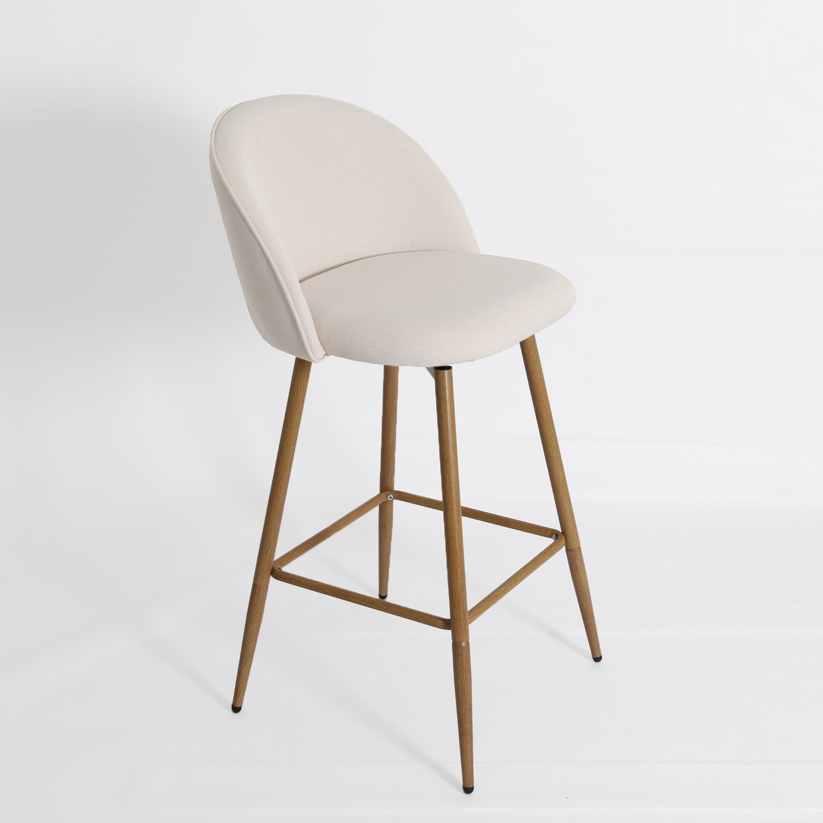 27" Beige and Oak Fabric and Metal Low Back Counter Height Swivel Bar Chair