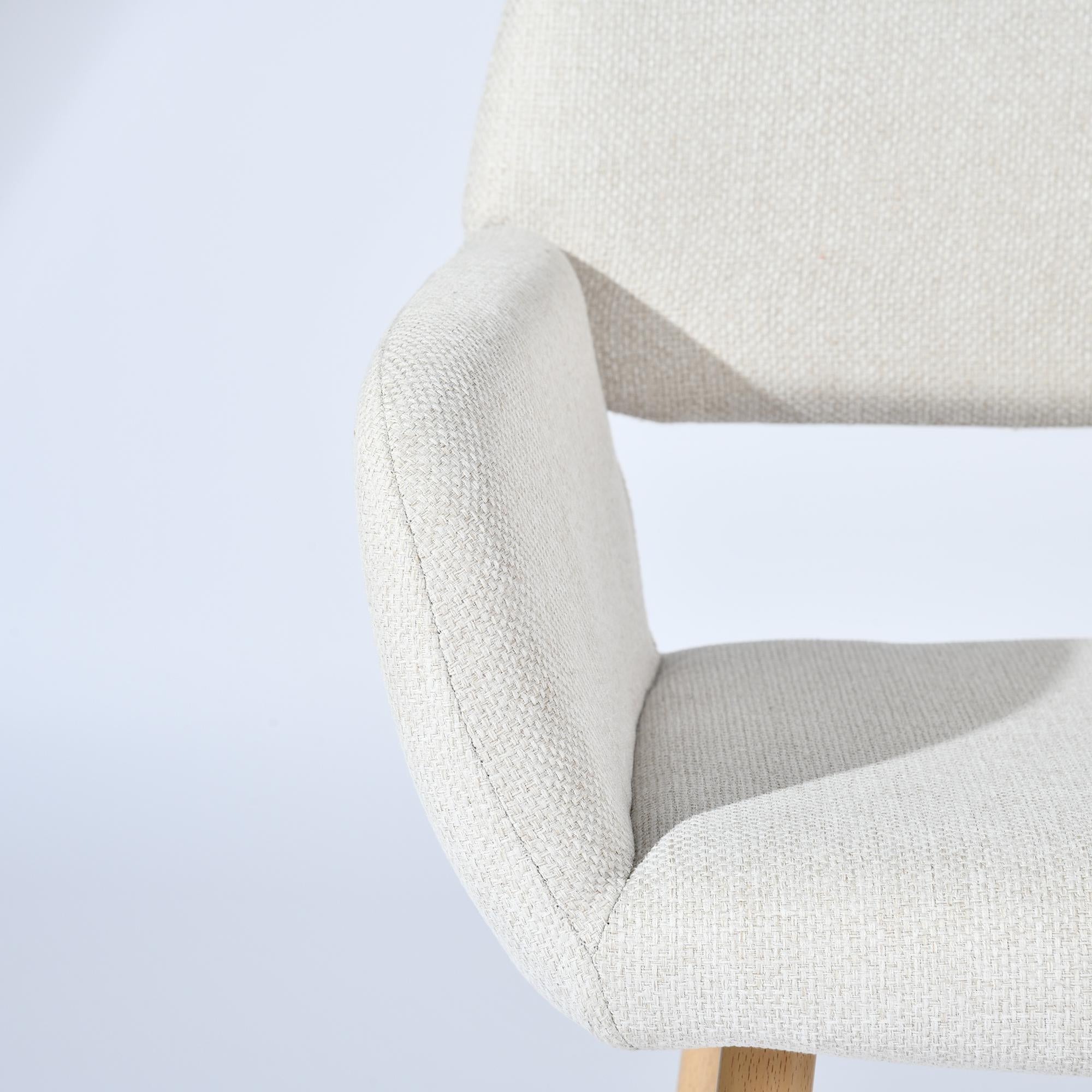 Set of Two Beige and Oak Fabric and Steel Dining Arm Chairs