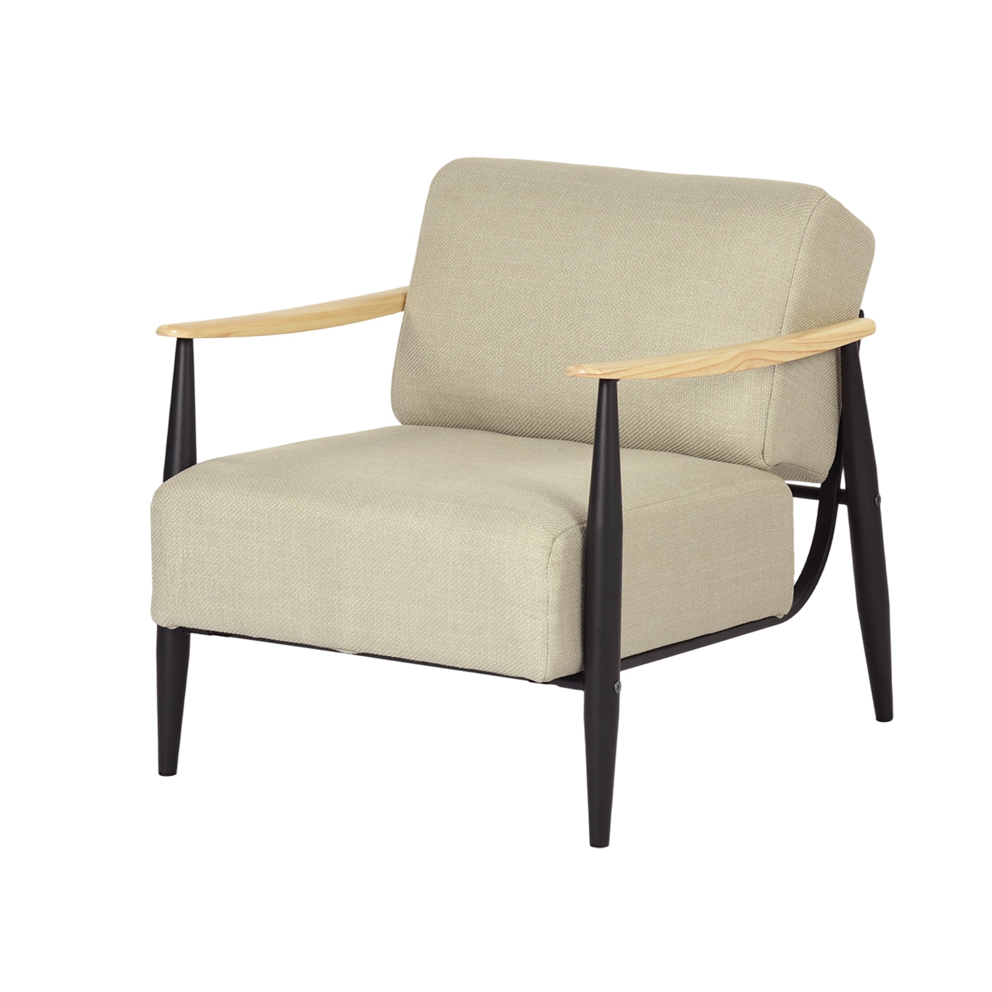 28" Beige Black and Natural Upholstered Cushion and Solid Wood Arm Chair