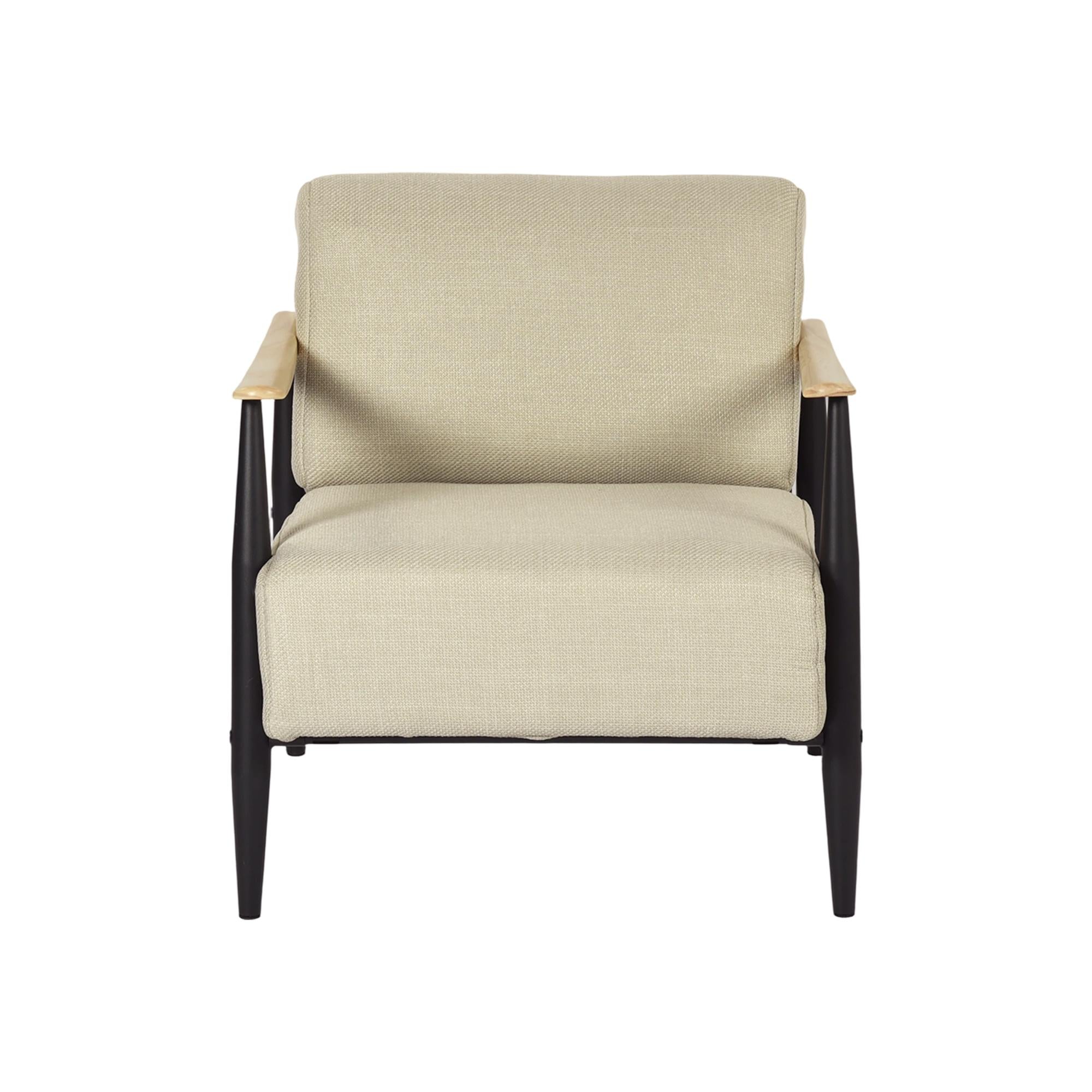 28" Beige Black and Natural Upholstered Cushion and Solid Wood Arm Chair
