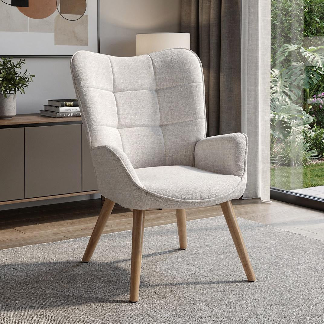 23" Beige and Natural Tufted Chenille and Solid Wood Wingback Chair