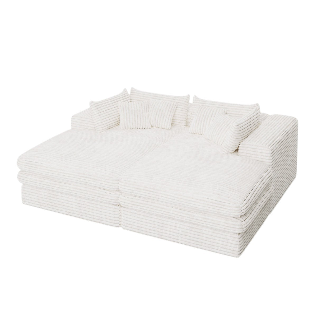 Set of Two 79" White Corduroy Chaise Lounge Chairs With Toss Pillows