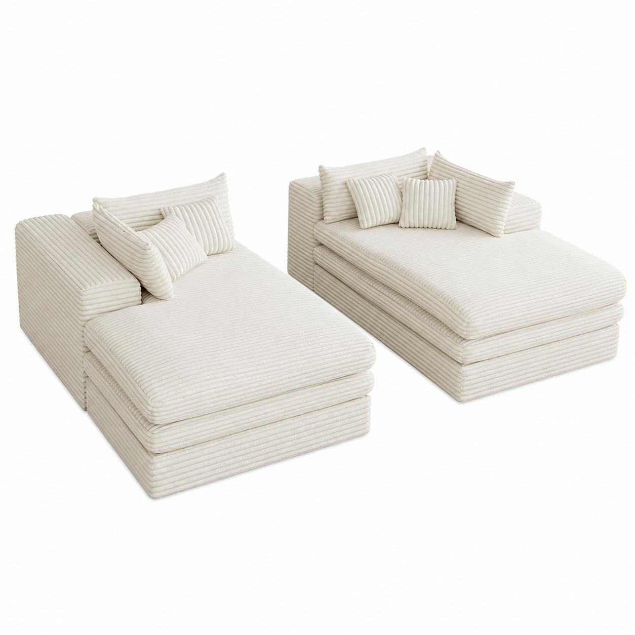 Set of Two 79" White Corduroy Chaise Lounge Chairs With Toss Pillows
