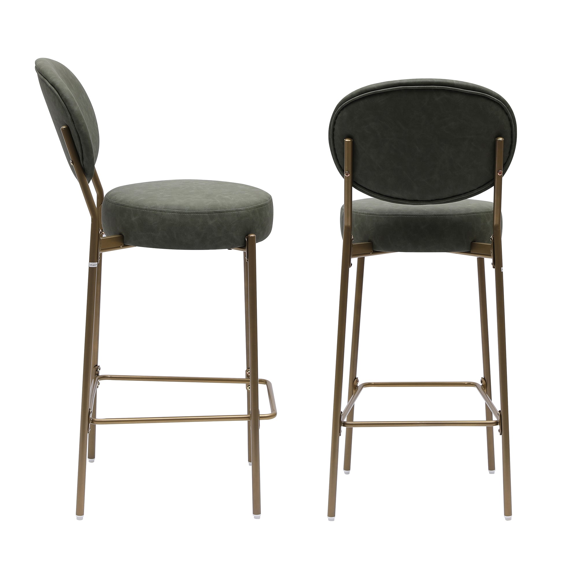 Set of Two 29" Green and Gold Faux Leather and Metal Low Back Bar Height Bar Chairs