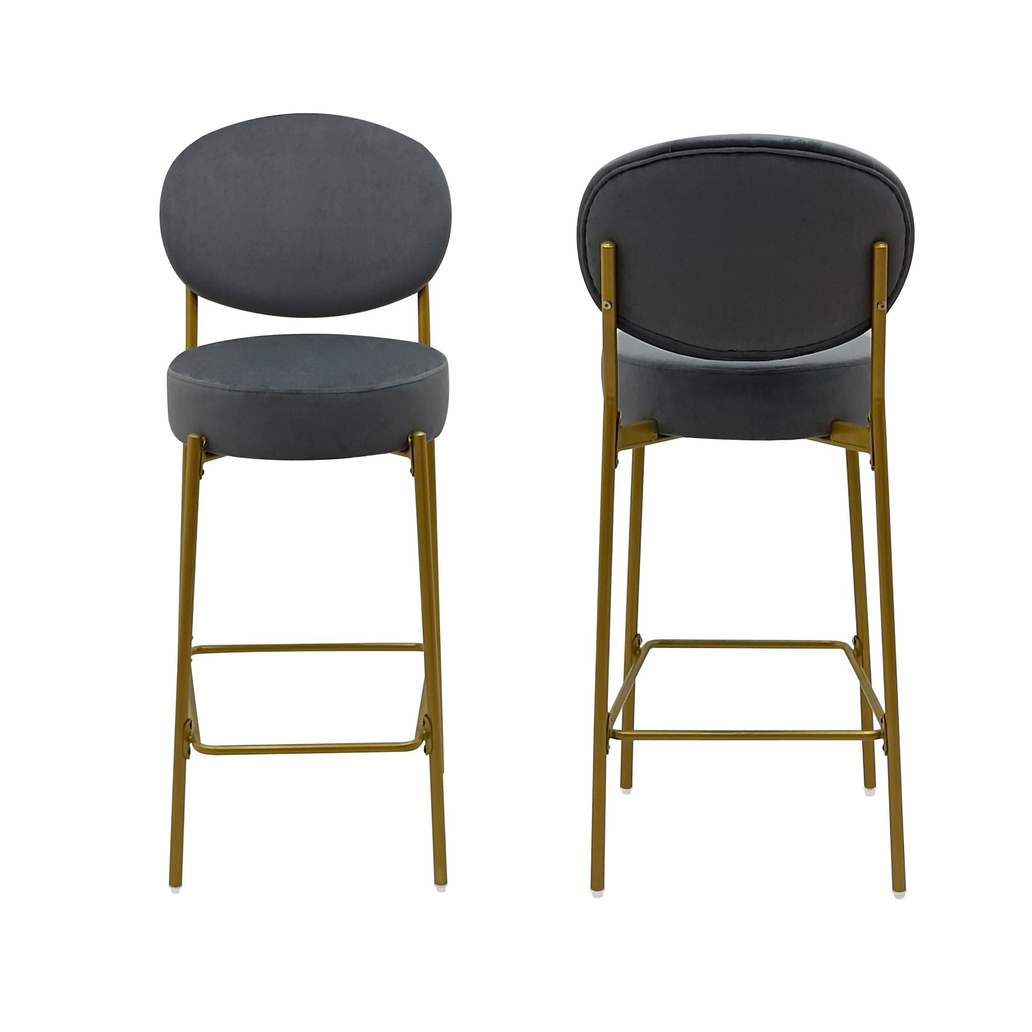 Set of Two 29" Gray and Gold Velvet and Metal Low Back Bar Height Bar Chairs