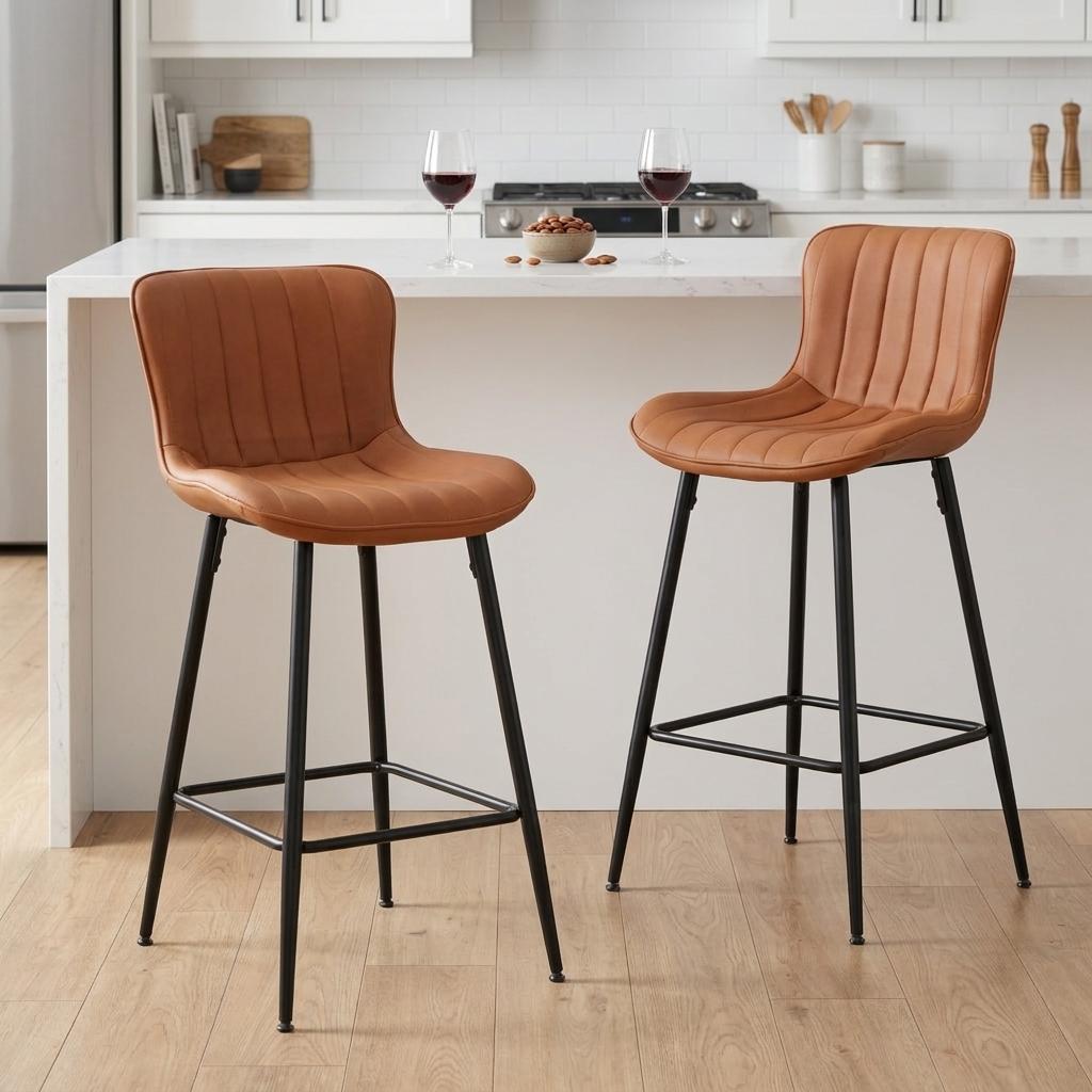 Set of Two 27" Brown and Black Faux Leather and Metal Low Back Counter Height Bar Chairs