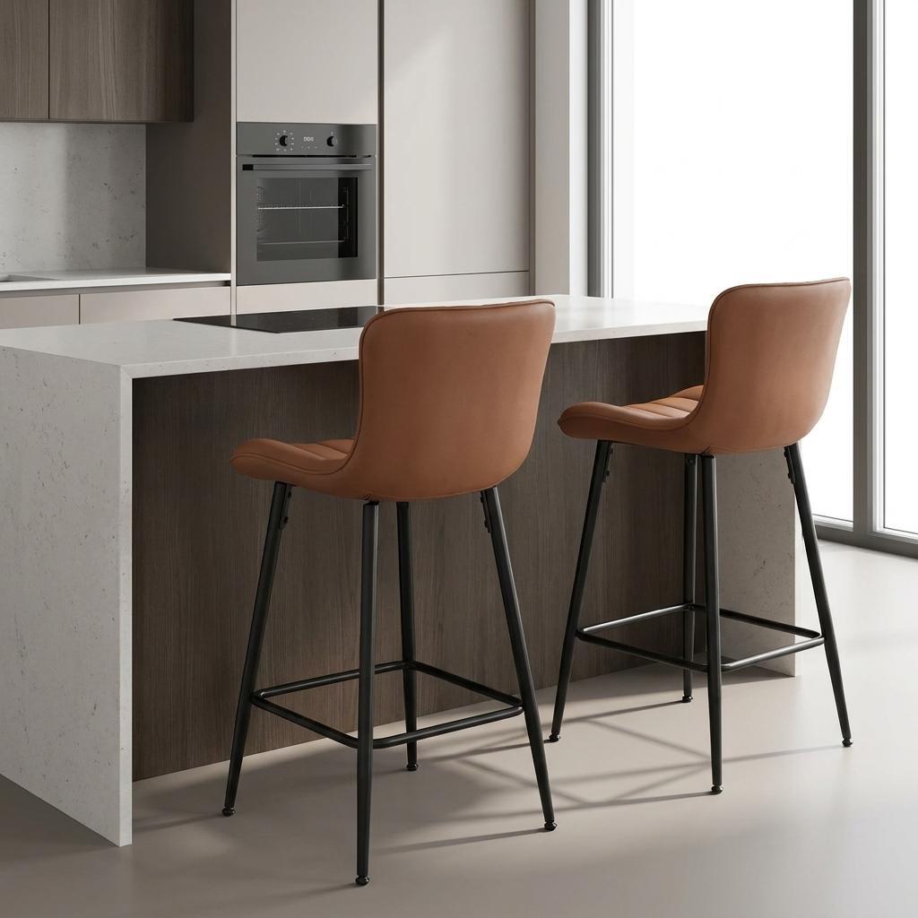 Set of Two 27" Brown and Black Faux Leather and Metal Low Back Counter Height Bar Chairs