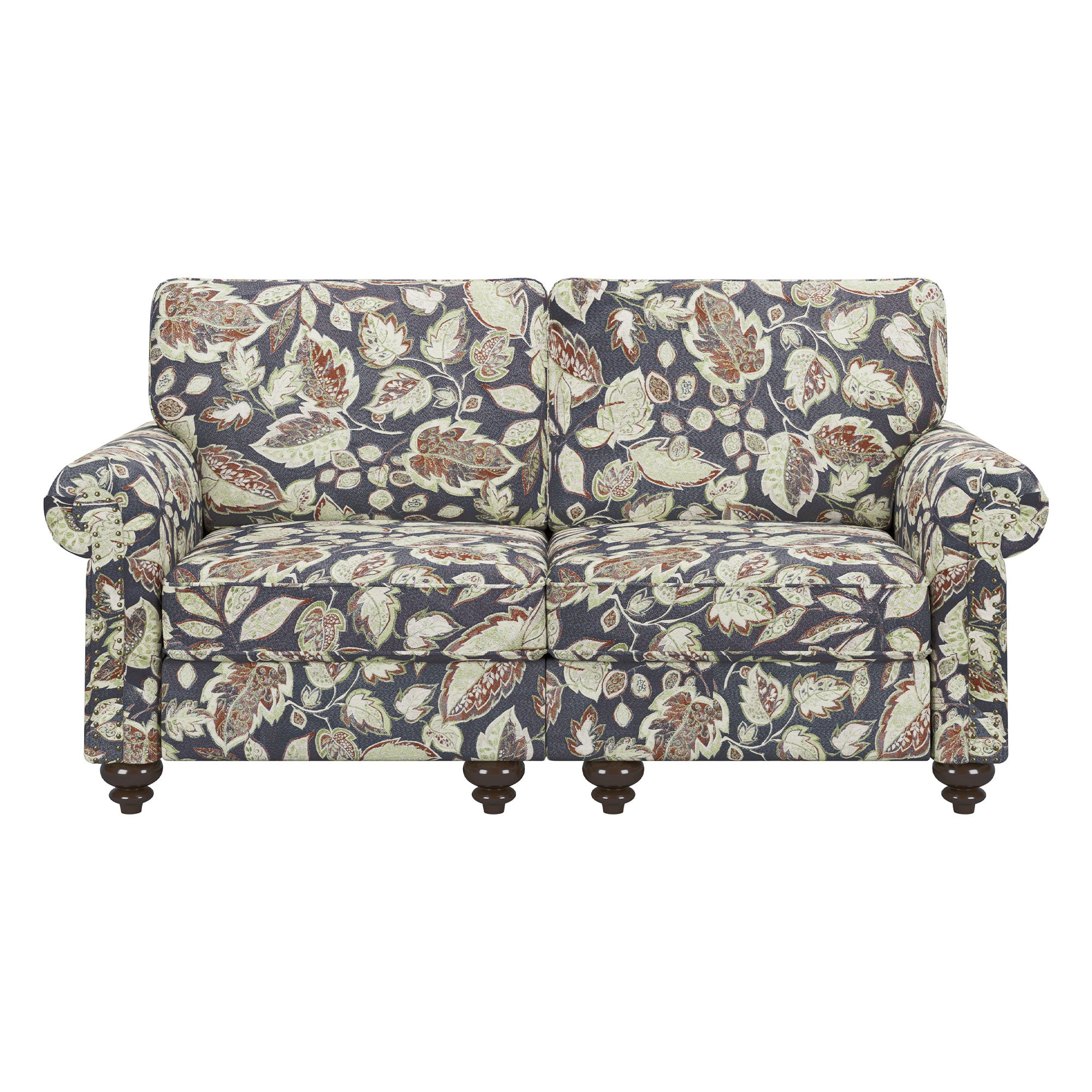 56" Sage Navy Blue And Brown Floral Loveseat