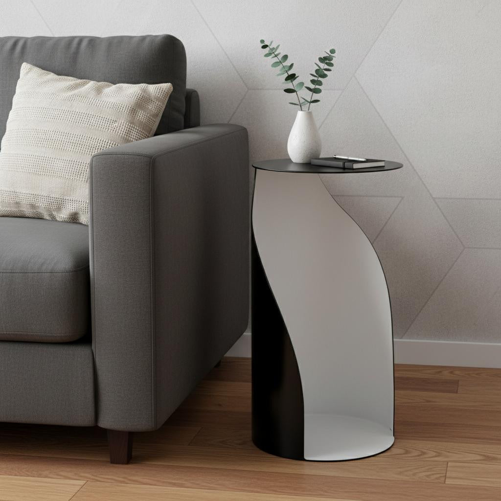 21" Black and White Steel Round Pedestal End Table