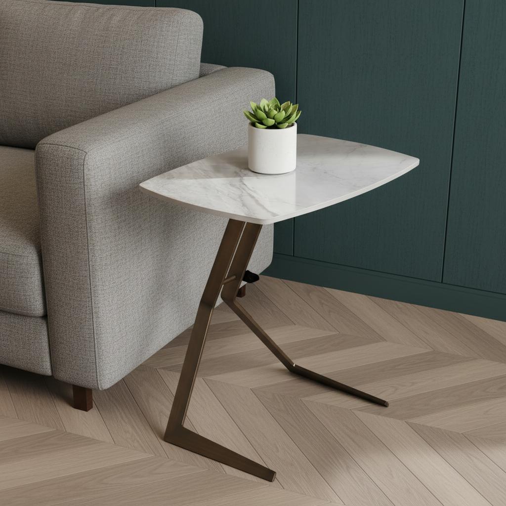 24" White And Bronze Ceramic Faux Marble and Steel End Table