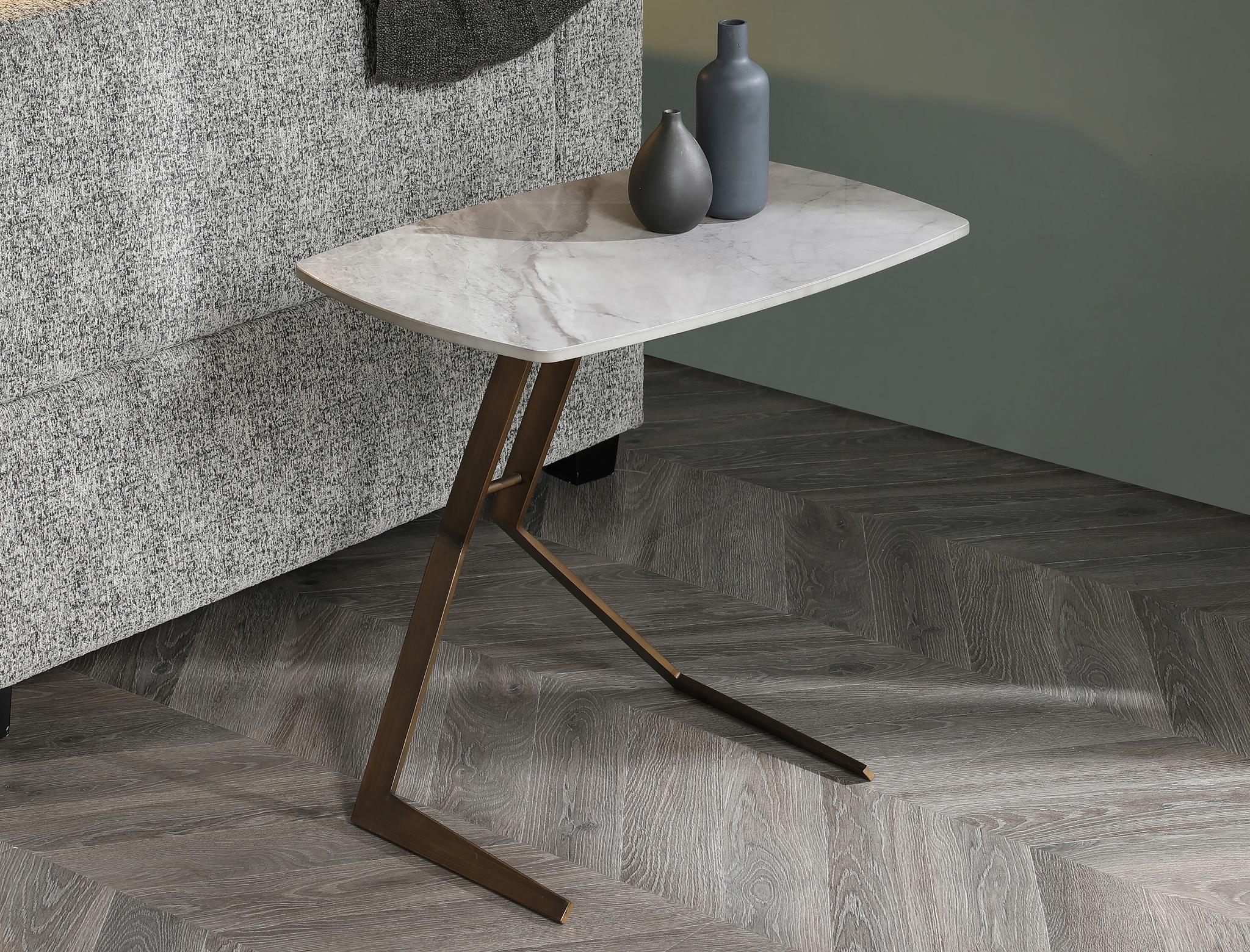 24" White And Bronze Ceramic Faux Marble and Steel End Table