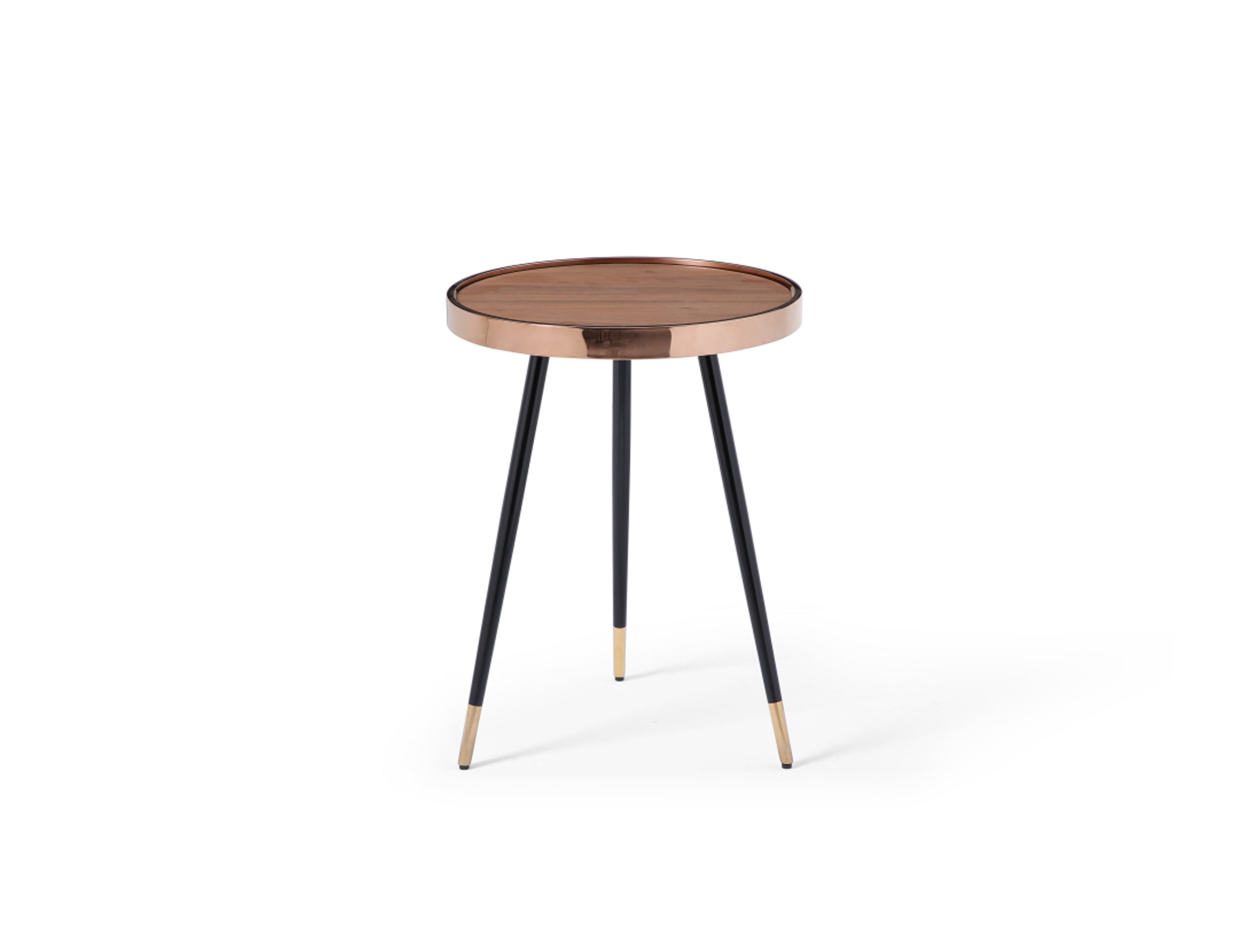 24" Walnut Black And Rose Gold Wood and Stainless Steel Round End Table