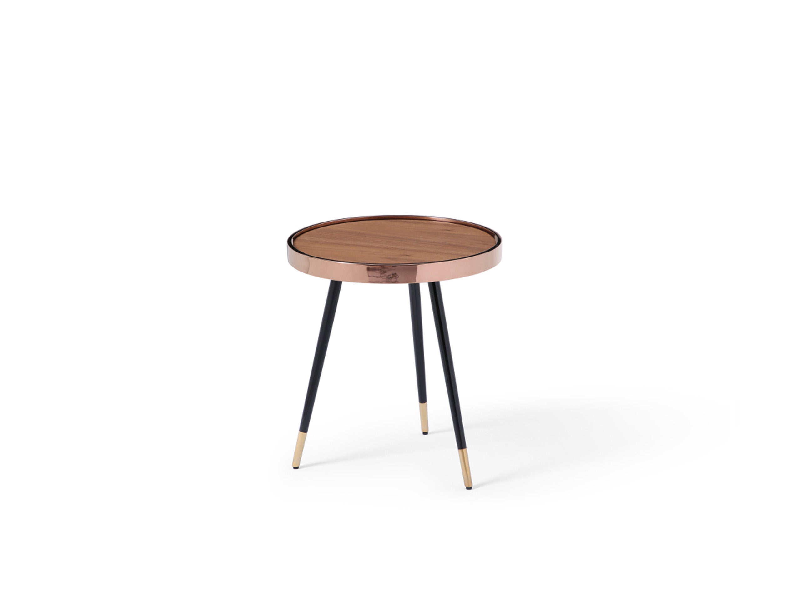 20" Walnut Black And Rose Gold Wood and Stainless Steel Round End Table