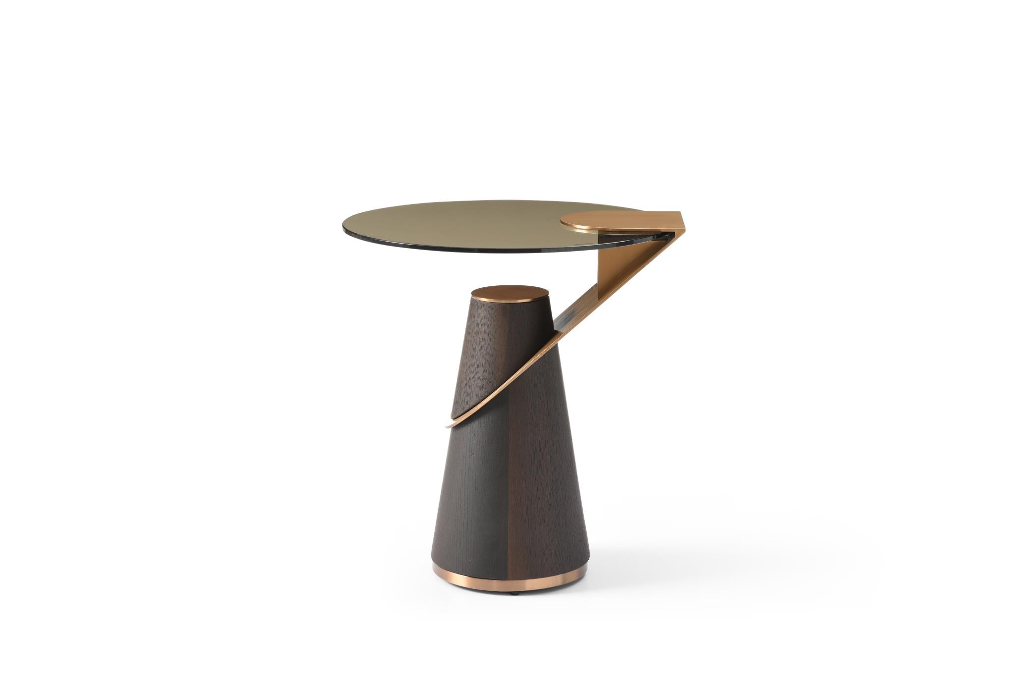 22" Clear Rose Gold and Dark Brown Glass Stainless Steel and Solid Wood Round Pedestal End Table