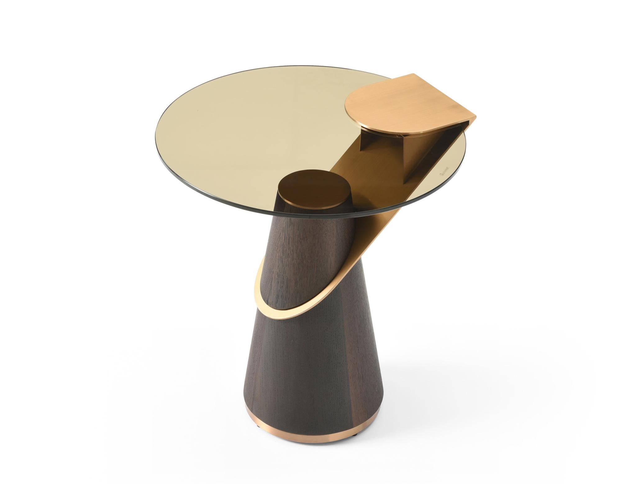 22" Clear Rose Gold and Dark Brown Glass Stainless Steel and Solid Wood Round Pedestal End Table