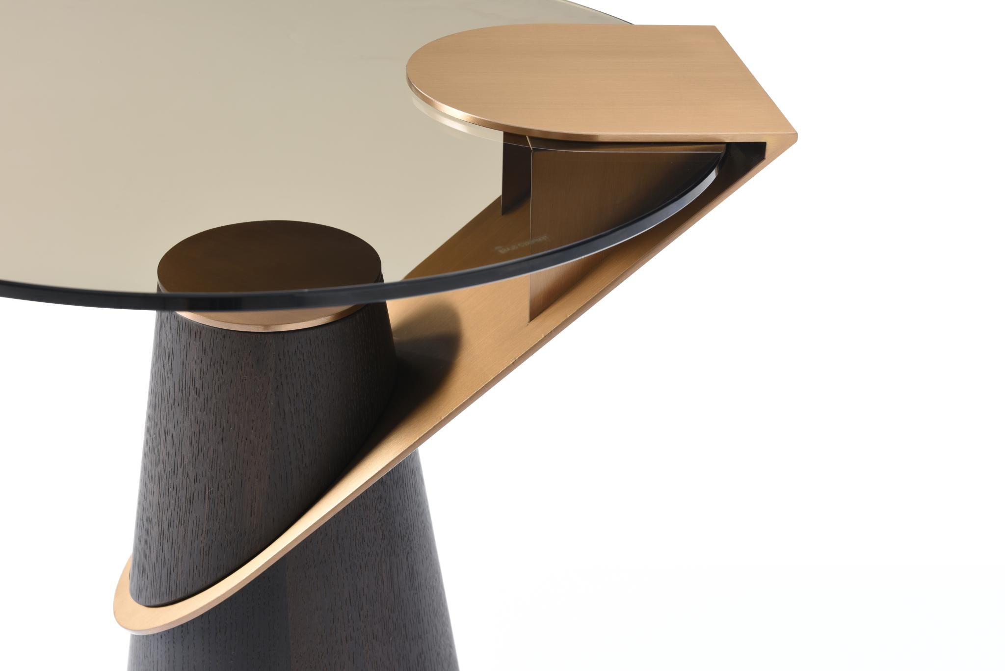 22" Clear Rose Gold and Dark Brown Glass Stainless Steel and Solid Wood Round Pedestal End Table