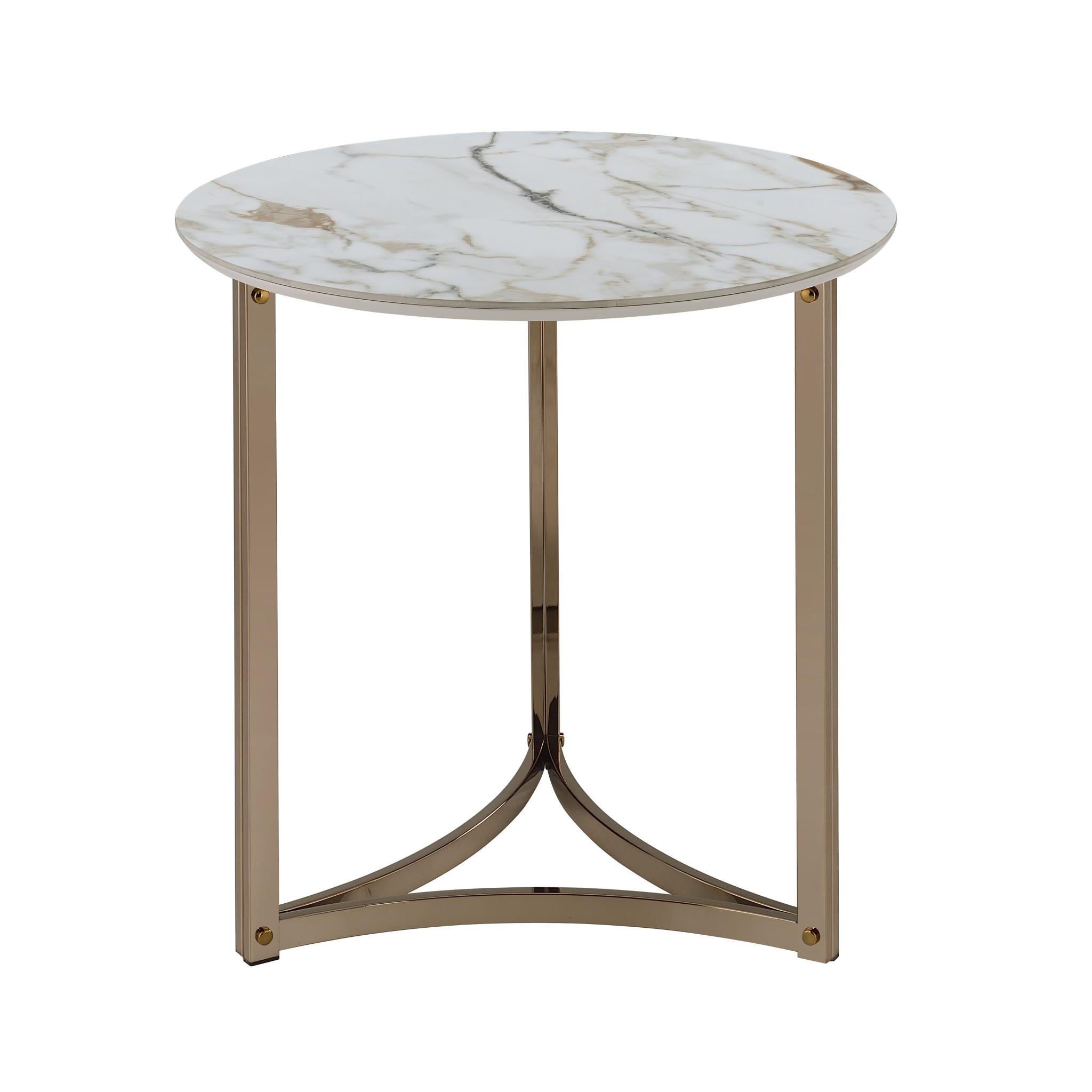 24" White and Champagne Stone and Metal Round Frame End Table
