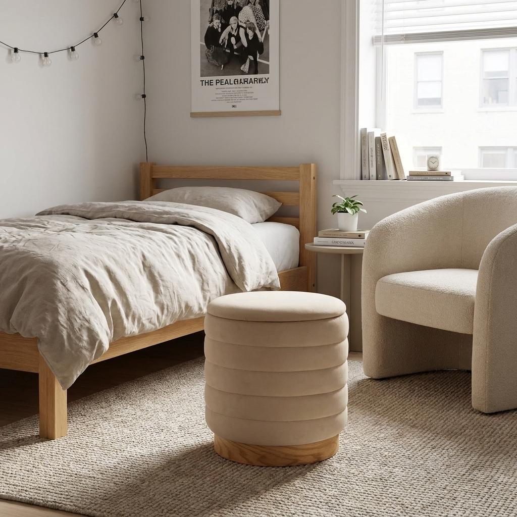 16" Beige and Natural Velvet Tufted Cylinder Storage Ottoman