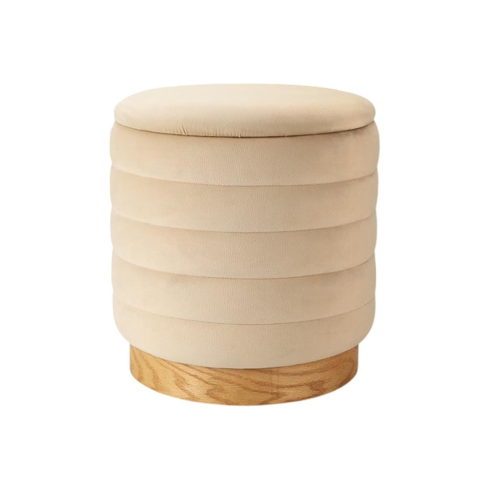 16" Beige and Natural Velvet Tufted Cylinder Storage Ottoman
